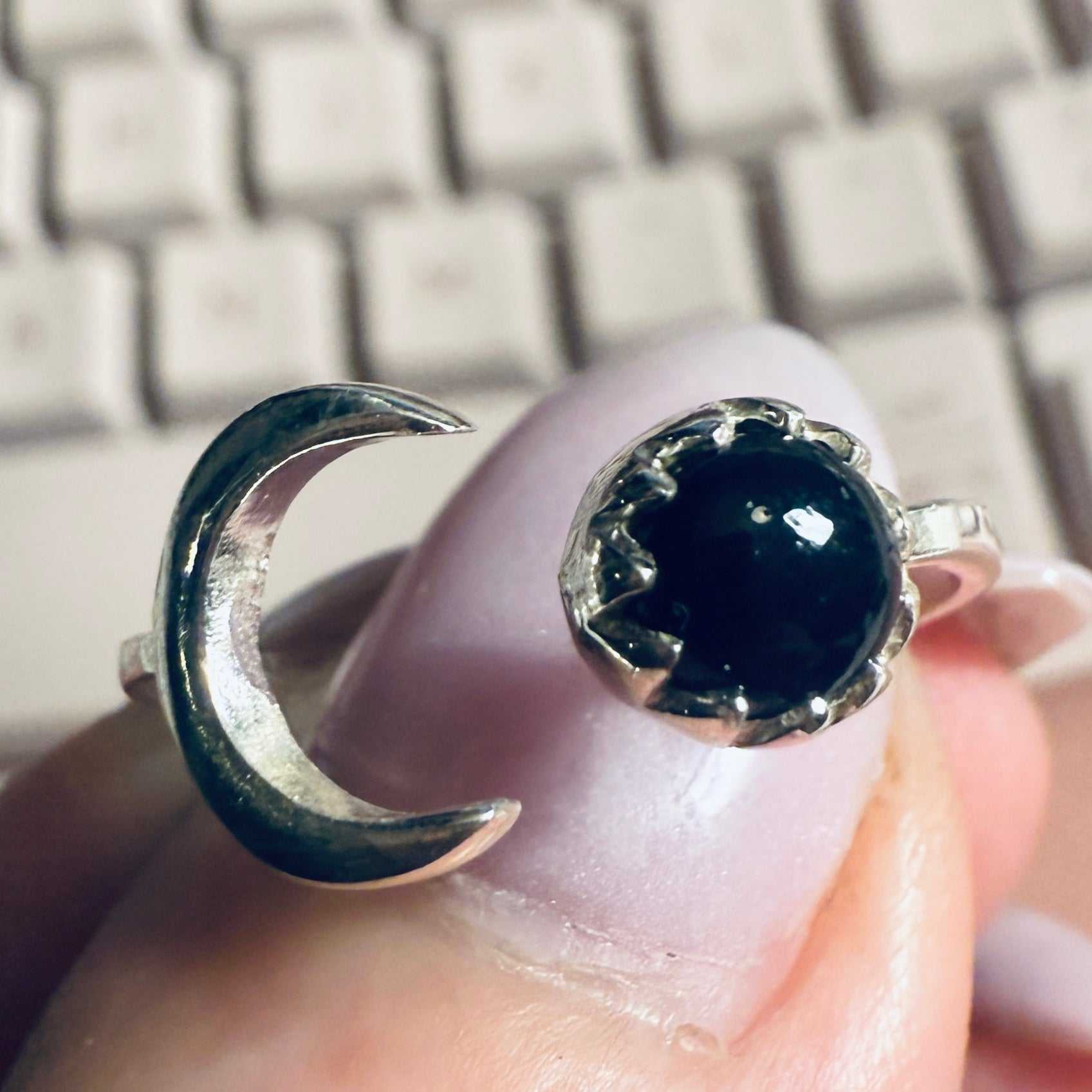 Black Onyx Crescent Open Ring – Sterling Silver – Size 7, 8