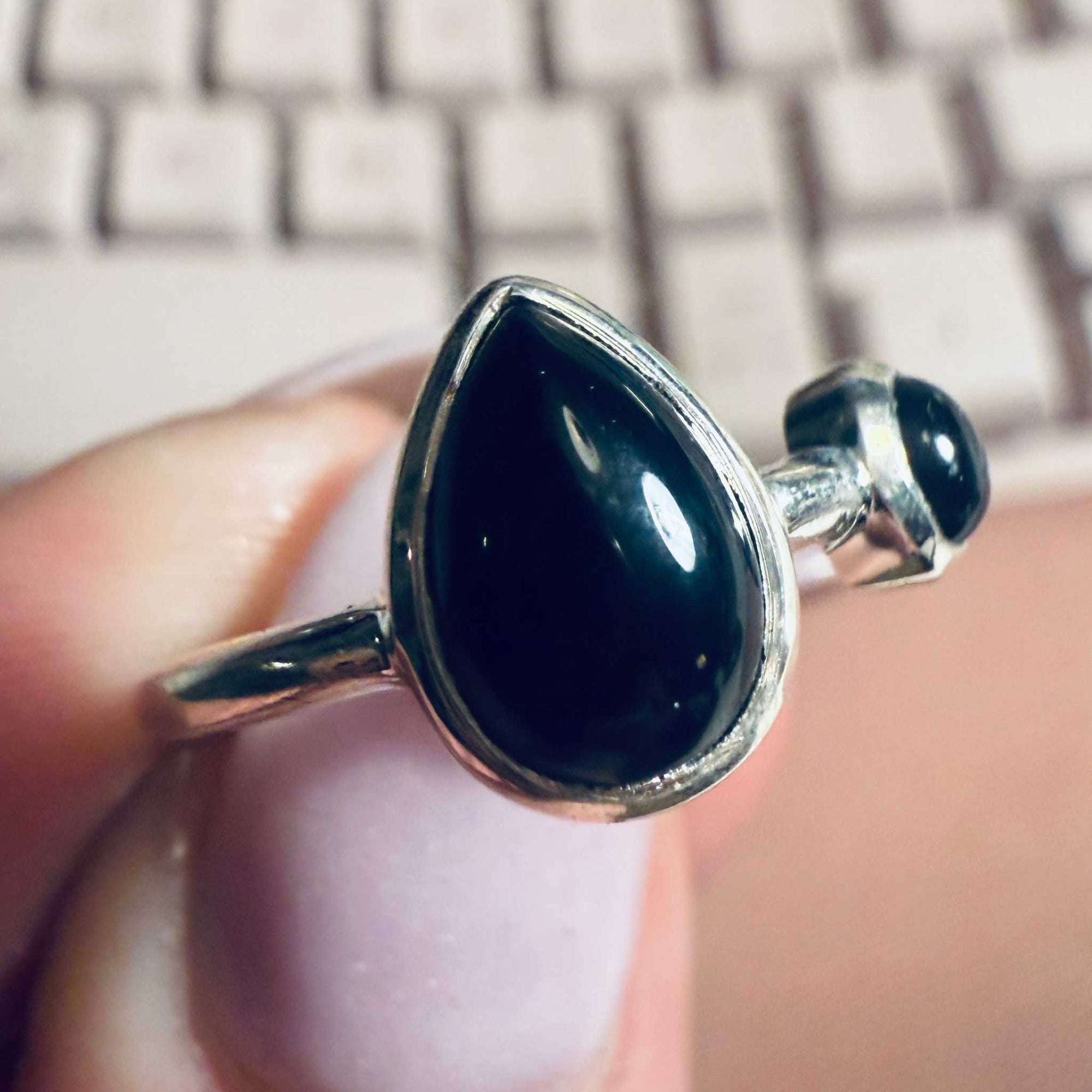 Black Onyx Dual-Stone Open Ring – Sterling Silver – Size 6, 7, 9