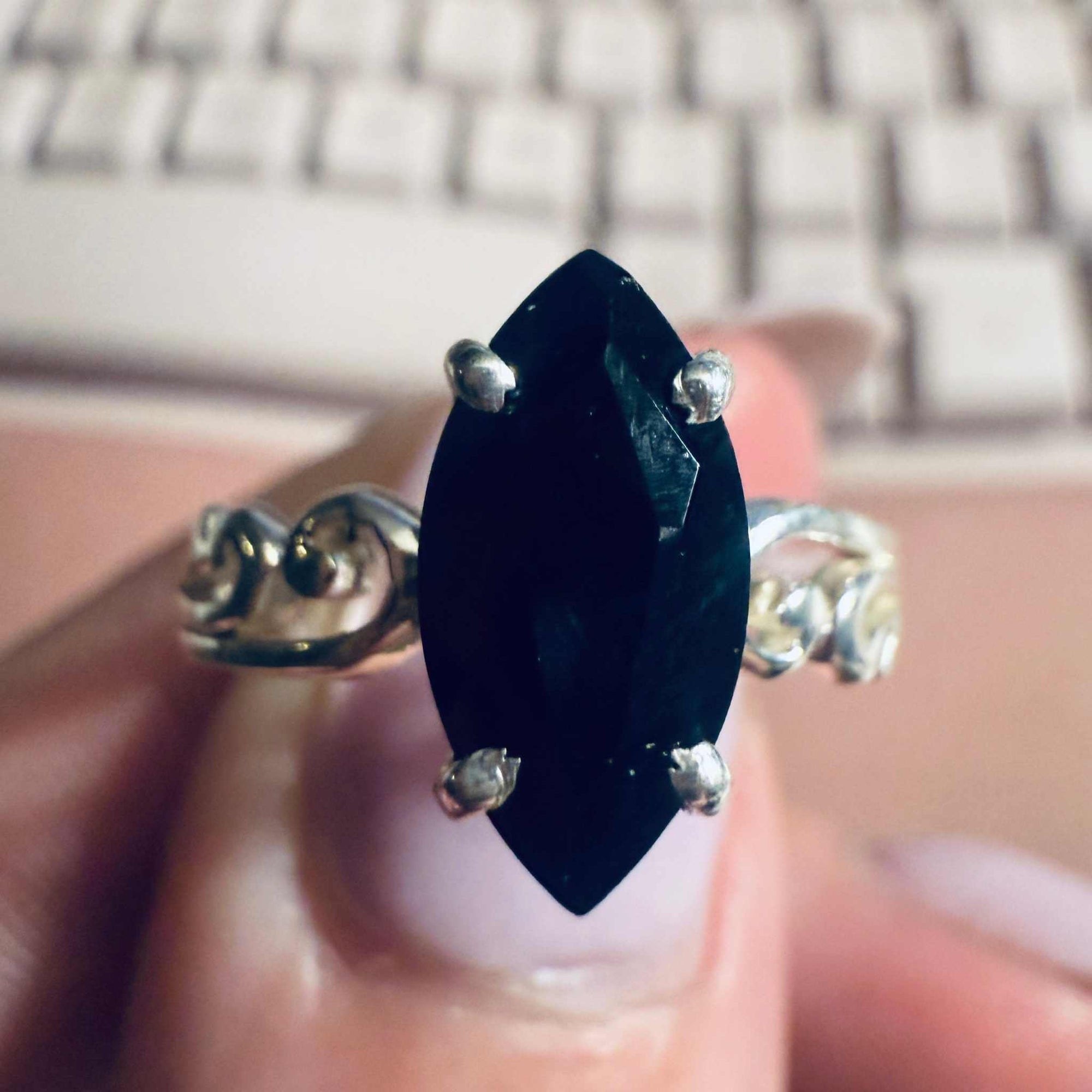 Black Onyx Marquise Filigree Ring – Sterling Silver – Size 7