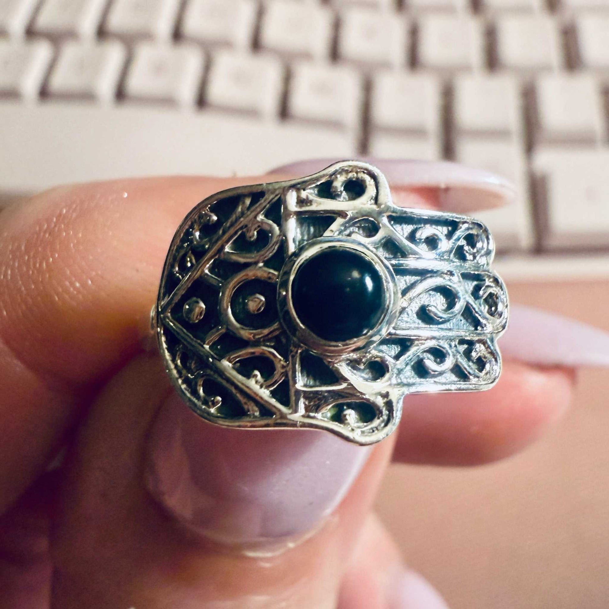 Black Onyx Hamsa Filigree Ring – Sterling Silver – Size 7
