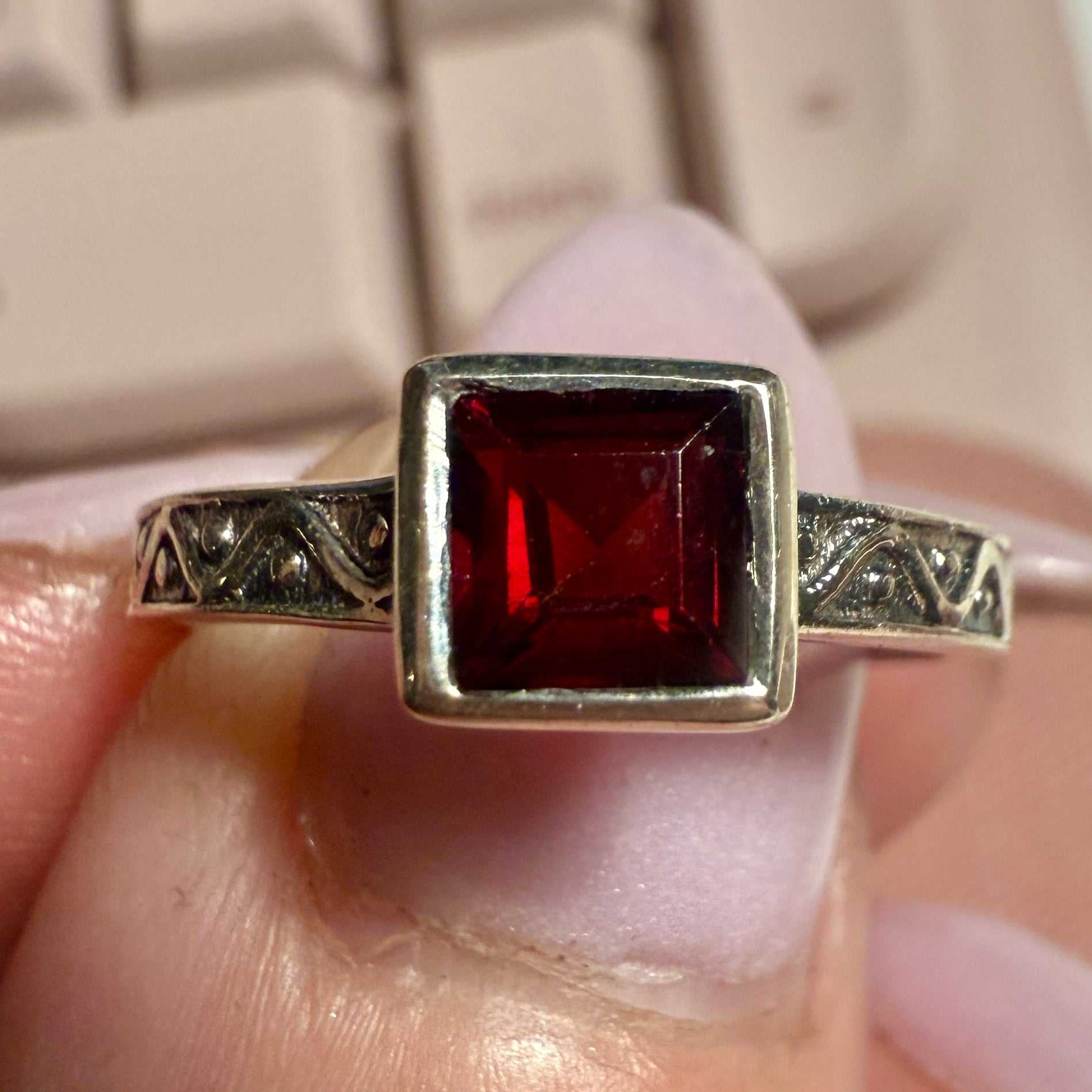 Garnet Square Bezel Ring – Sterling Silver – Size 6