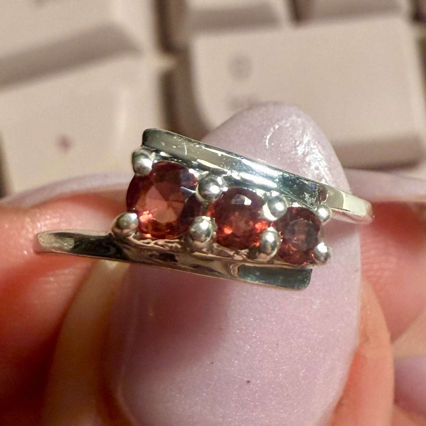 Garnet Triple-Stone Wrap Ring – Sterling Silver – Size 5