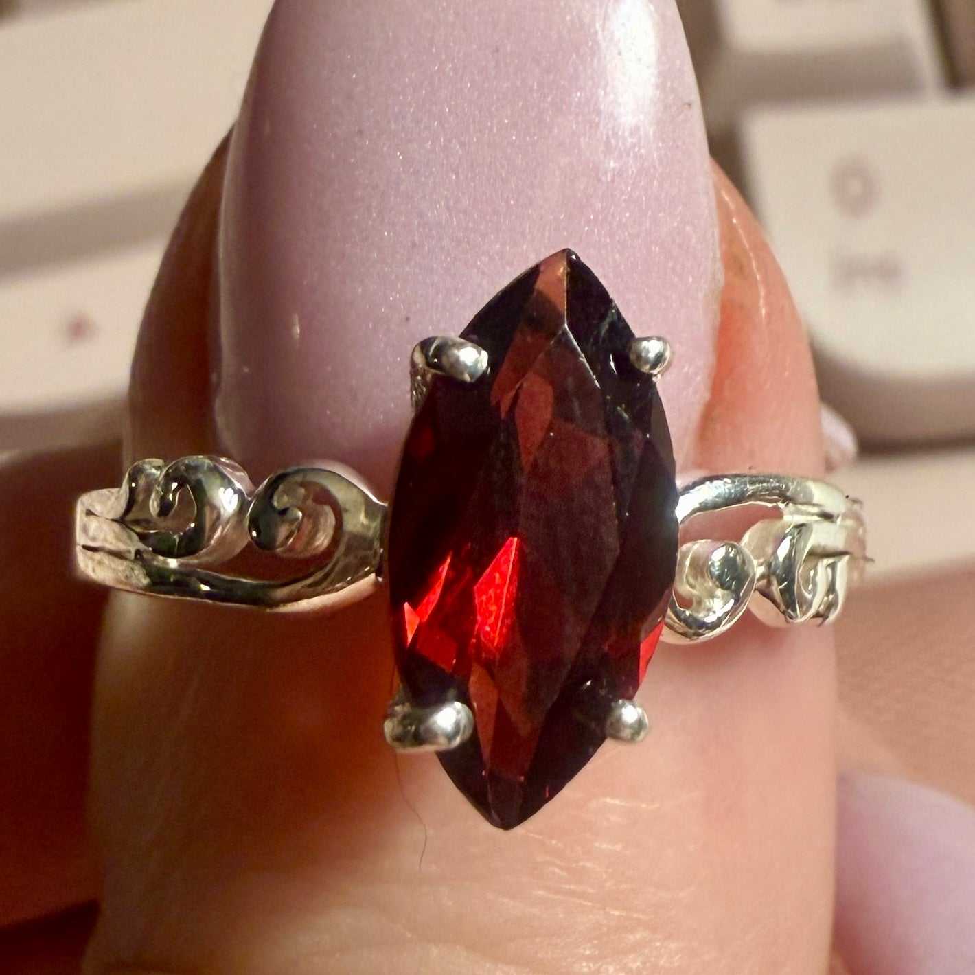 Garnet Marquise Scrollwork Ring – Sterling Silver – Size 5 and 9