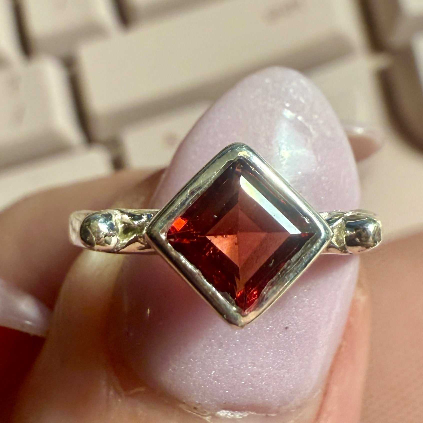 Garnet Square Bezel Ring – Sterling Silver – Size 5