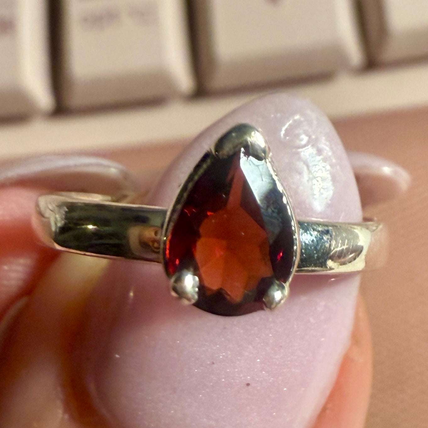 Garnet Pear Solitaire Ring – Sterling Silver – Size 5