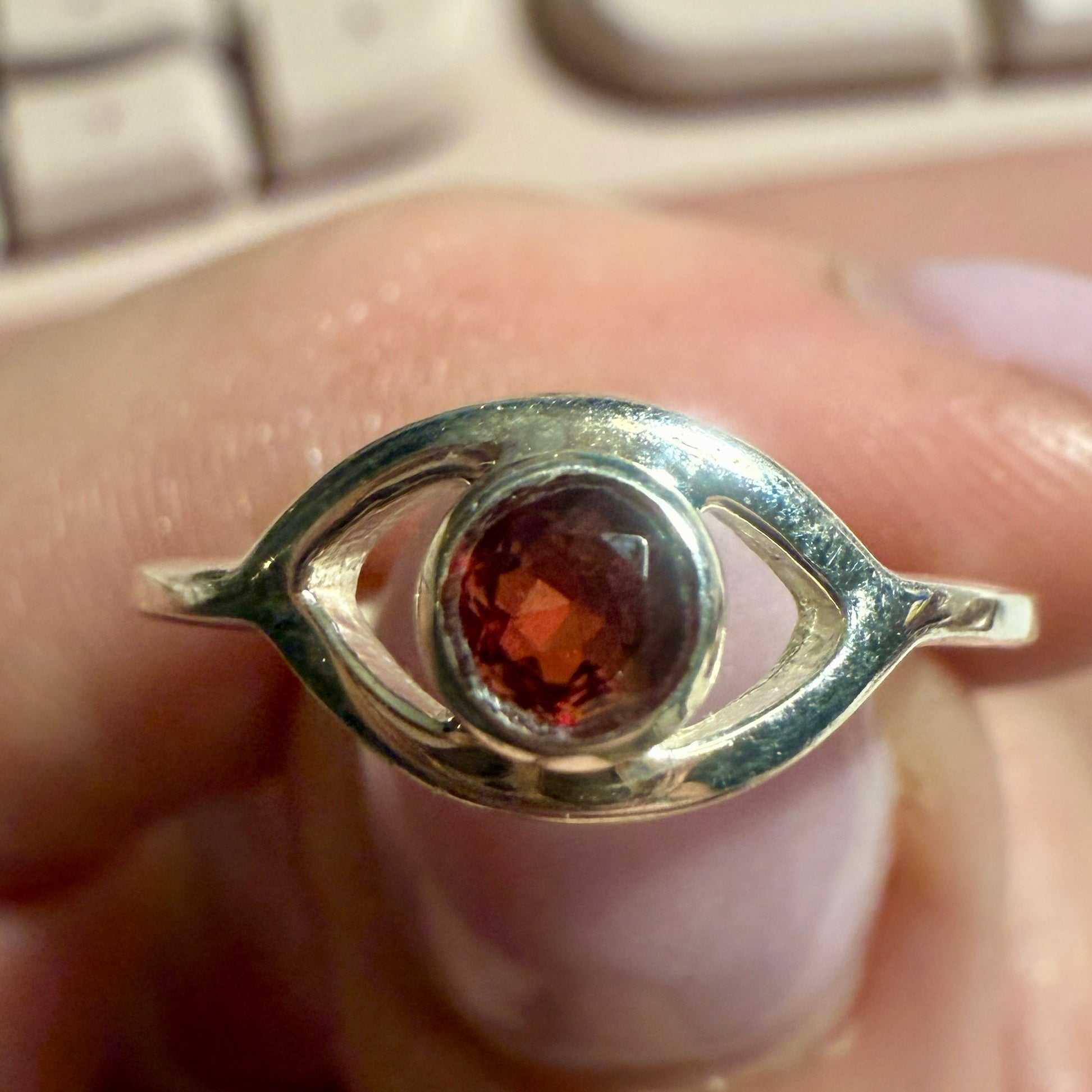 Garnet Eye-Frame Ring – Sterling Silver – Size 7