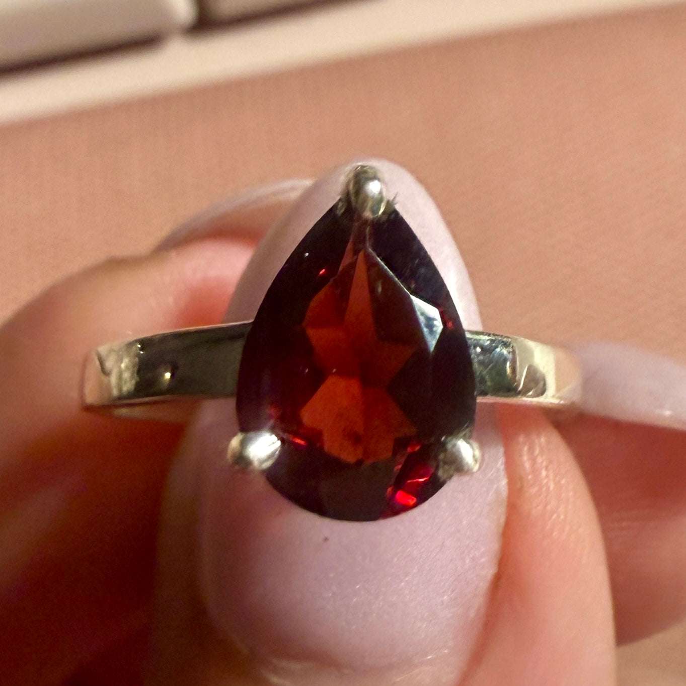 Garnet Pear-Cut Classic Ring – Sterling Silver – Size 7