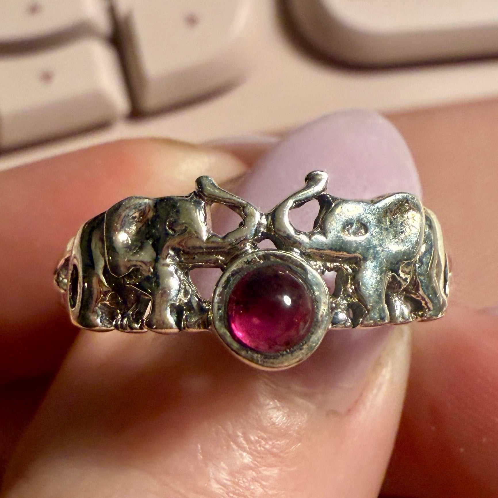 Garnet Elephant Band Ring – Sterling Silver – Sizes 7, 10, 12