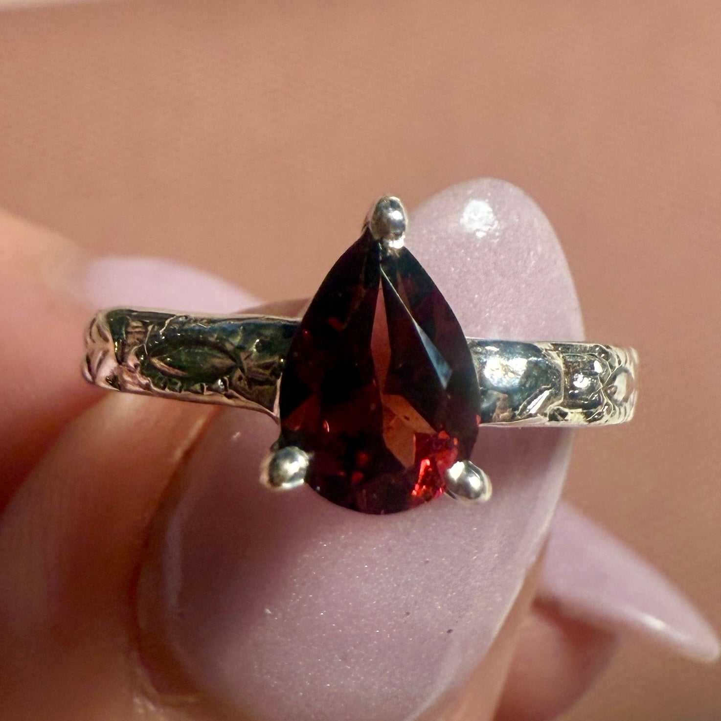 Pear-Cut Garnet Ring (Engraved Band) – Sizes 5 &amp; 7