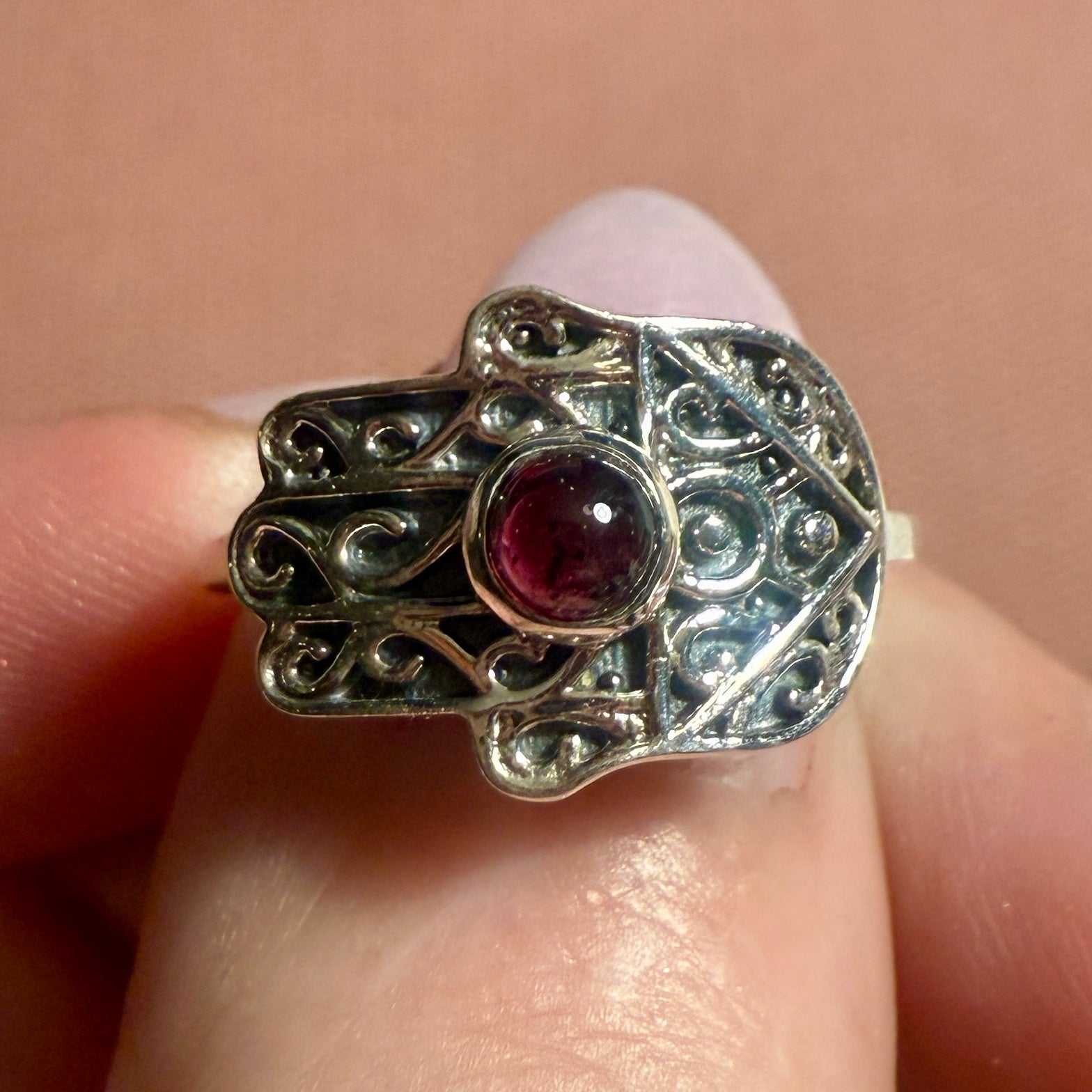 Garnet Hamsa Filigree Ring – Sterling Silver – Size 8