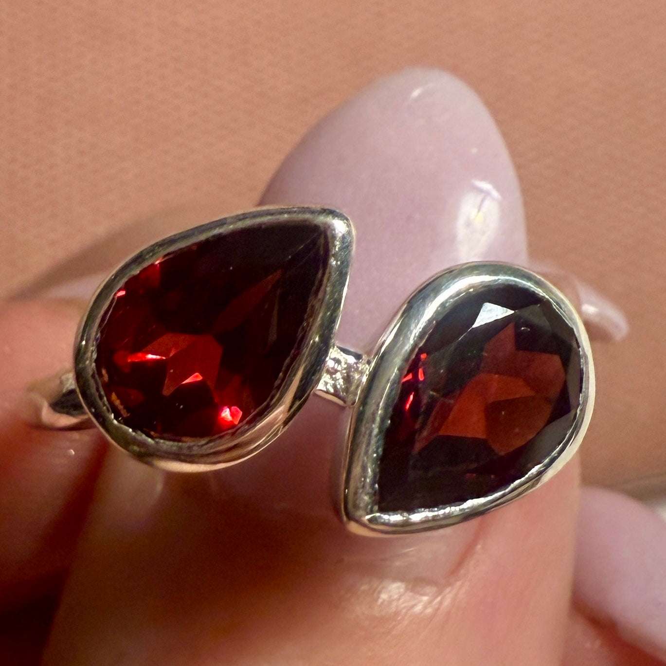 Double Garnet Teardrop Ring – Sterling Silver – Size 9