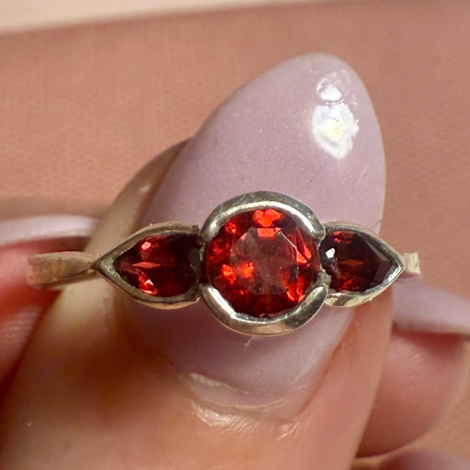 Three-Stone Garnet Ring – Sterling Silver – Size 10