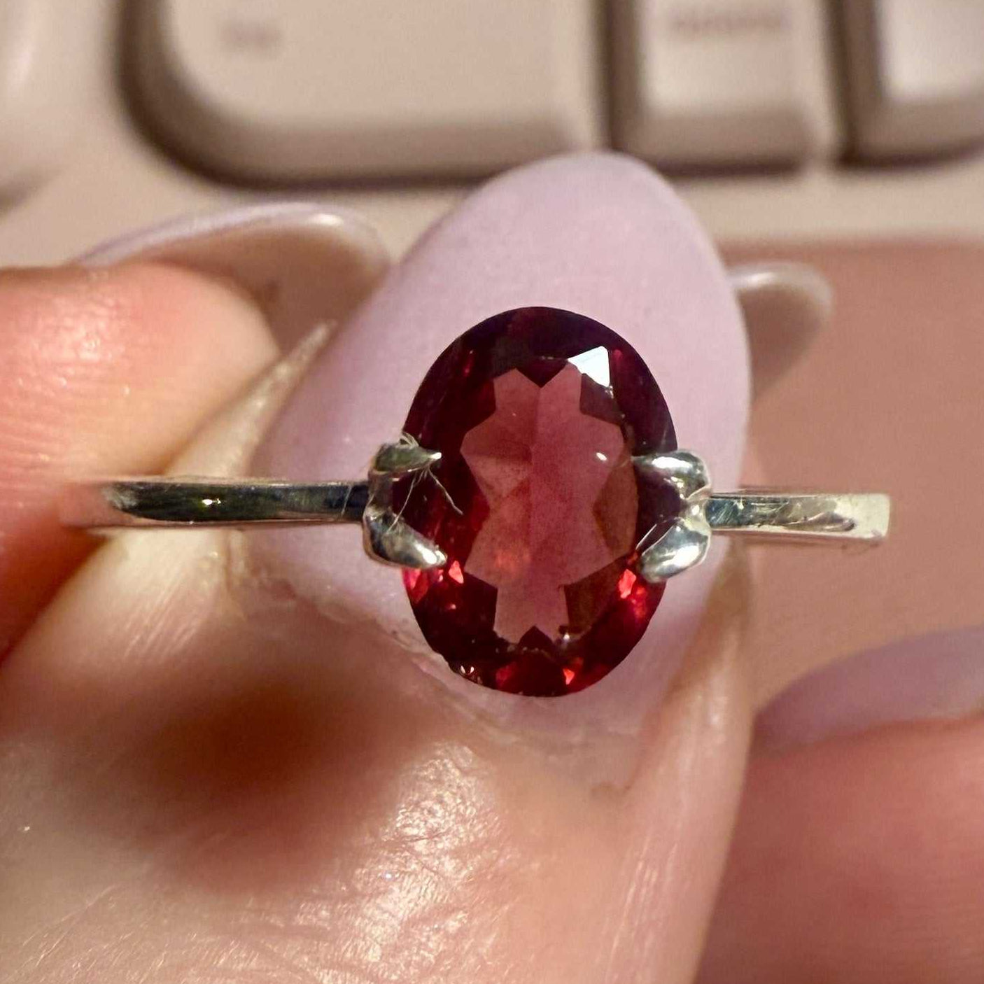 Oval Garnet Solitaire – Sterling Silver – Size 10