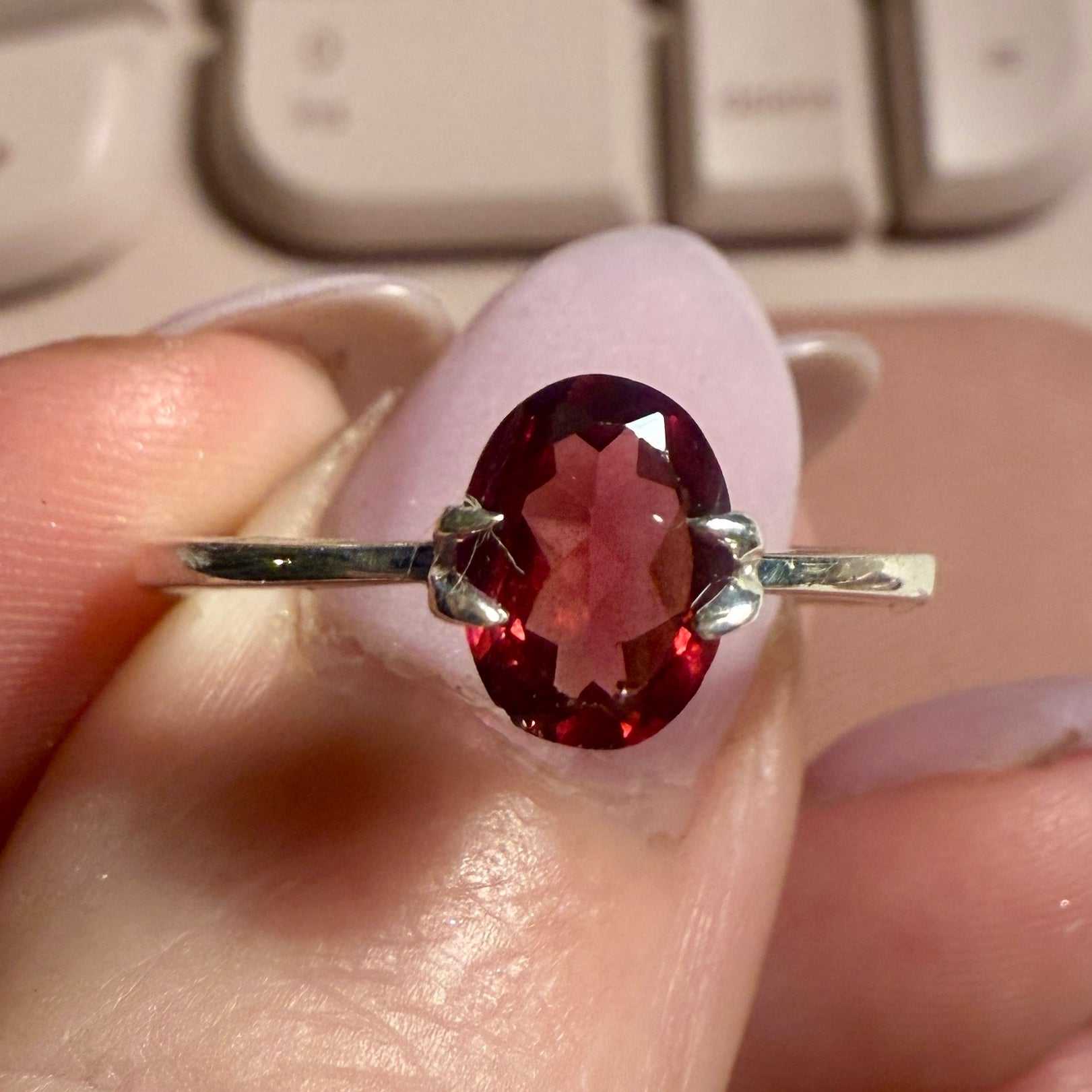 Oval Garnet Solitaire – Sterling Silver – Size 10