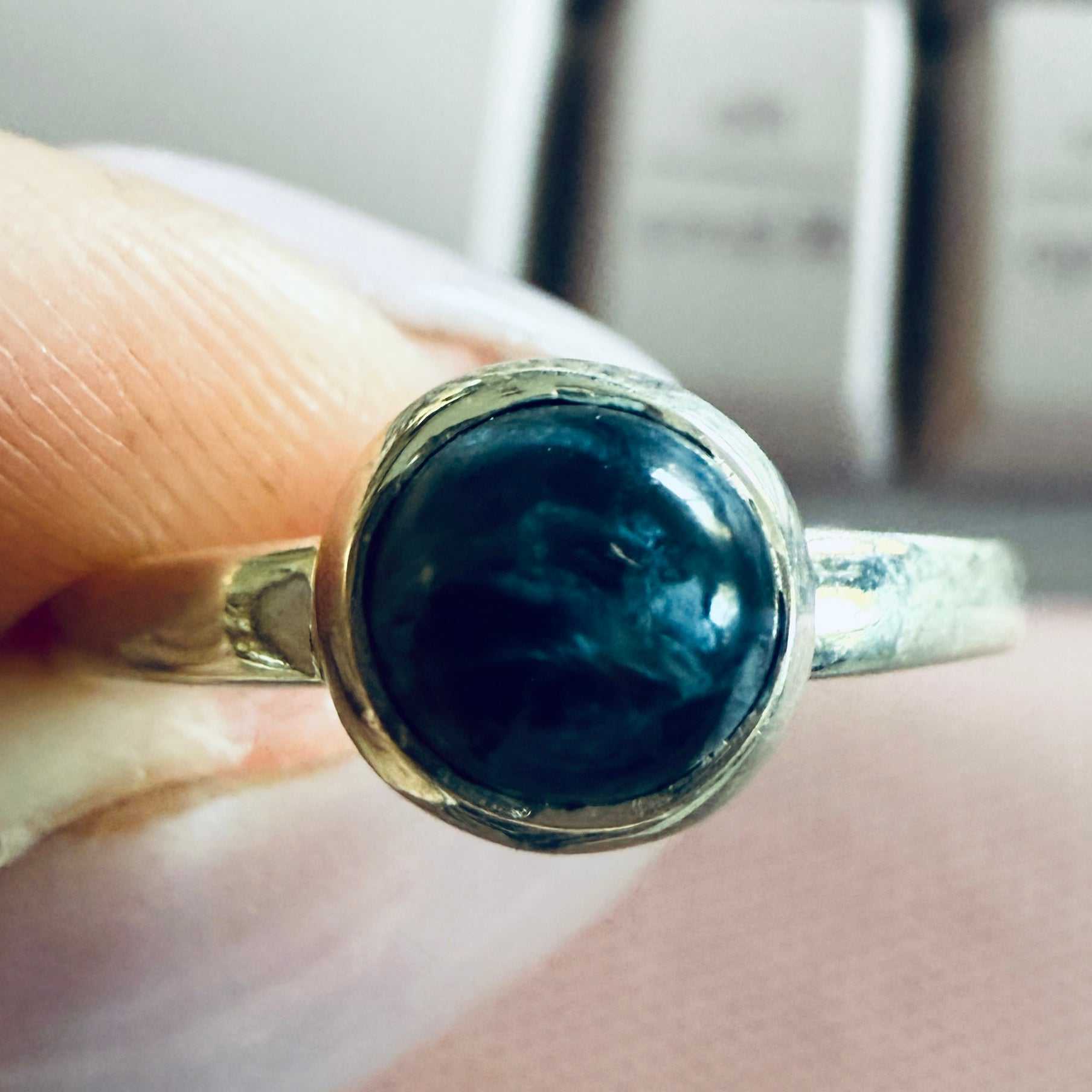 Pietersite Round Cab Ring – Sterling Silver – Size 8