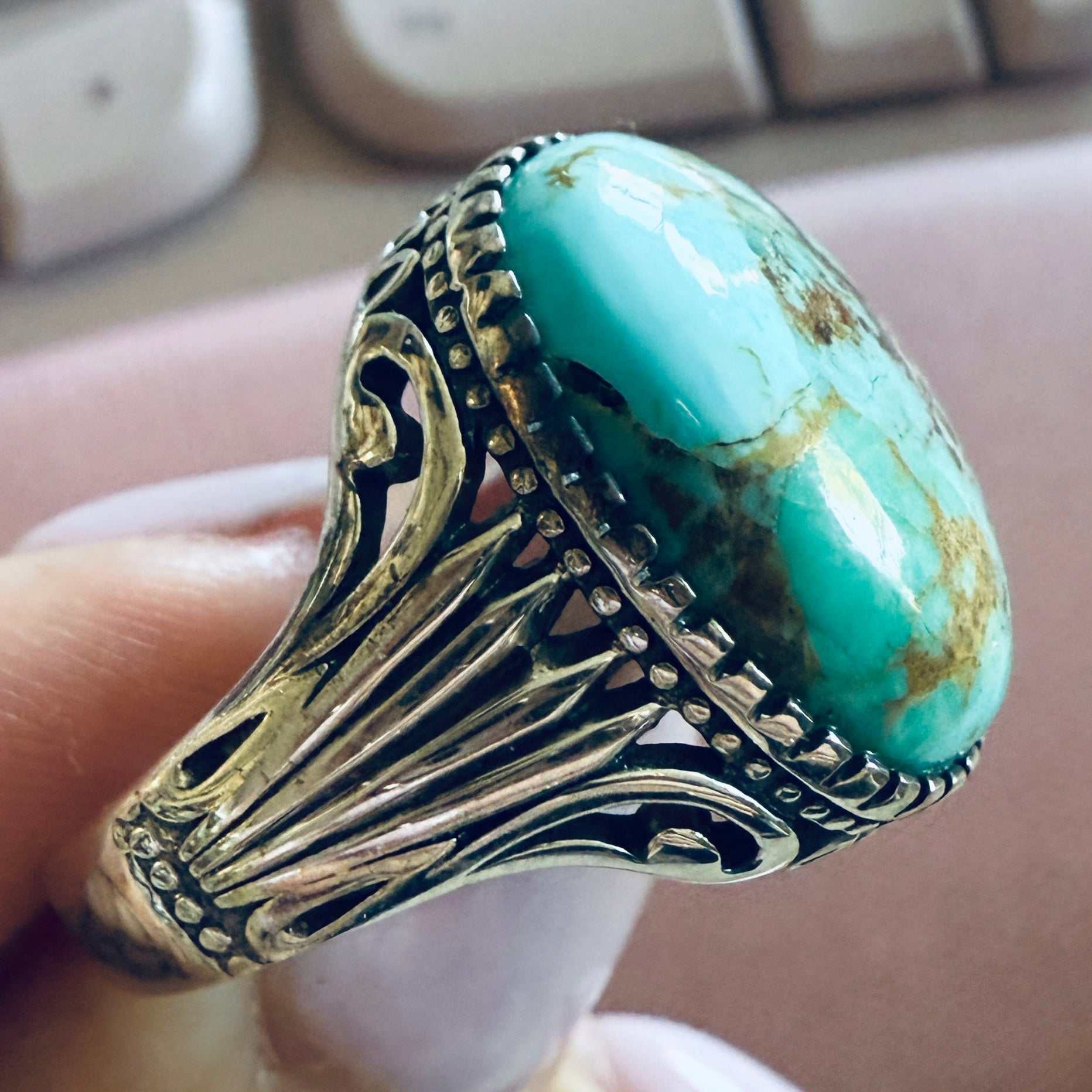 Turquoise Ornate Sterling Silver Ring — Size 12 (Unisex)