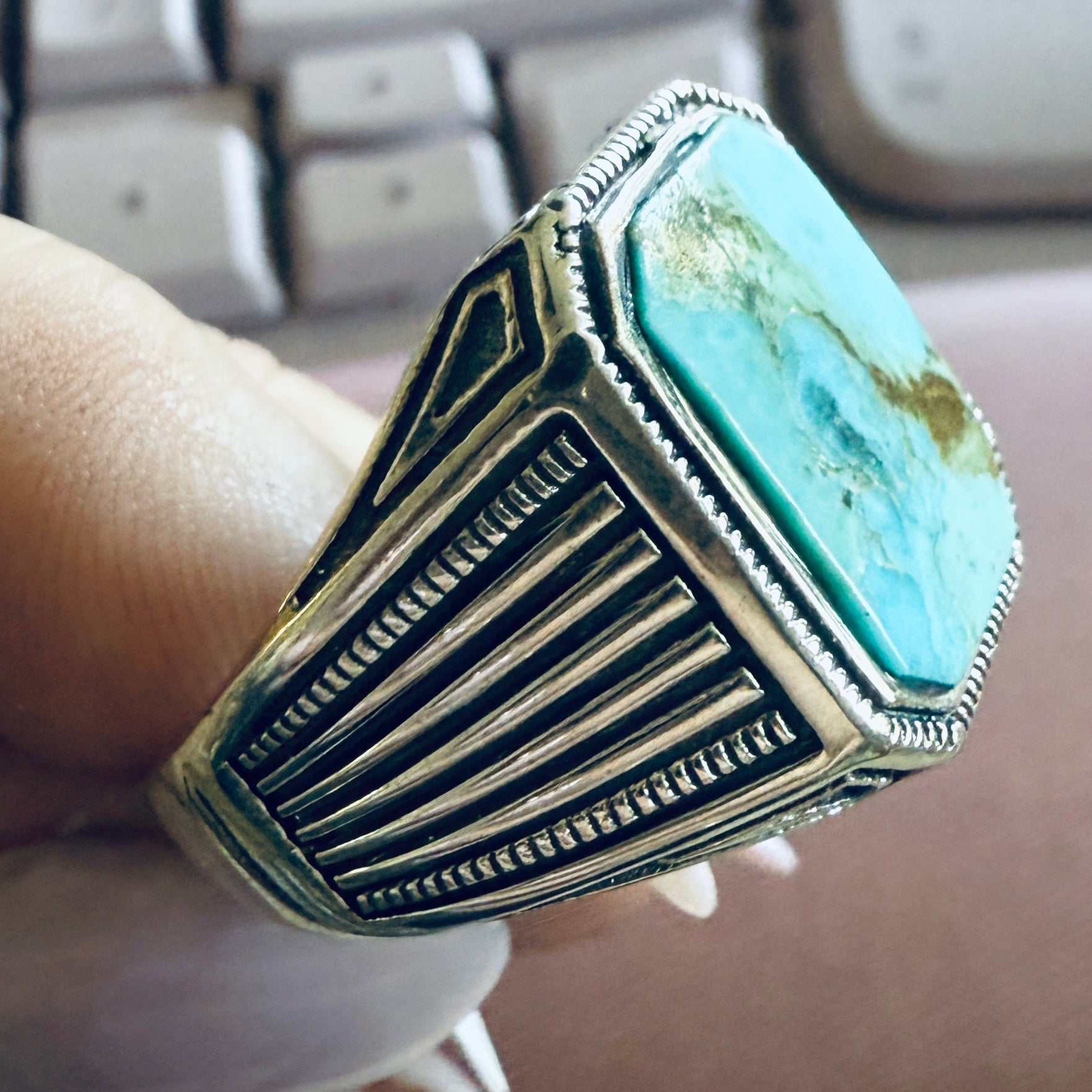 Masculine Turquoise Sterling Silver Ring — Size 14