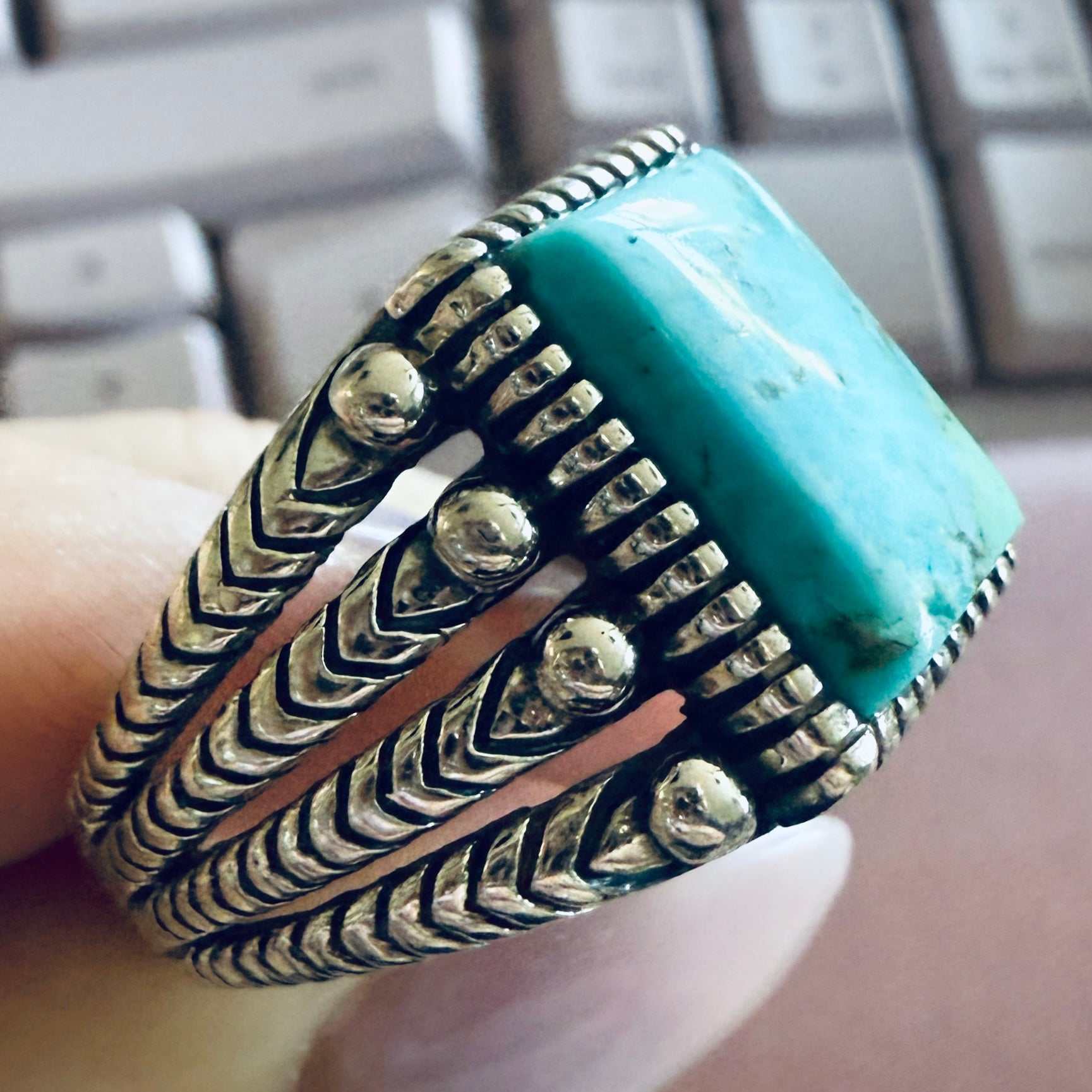 Masculine Turquoise Sterling Silver Ring — Size 12