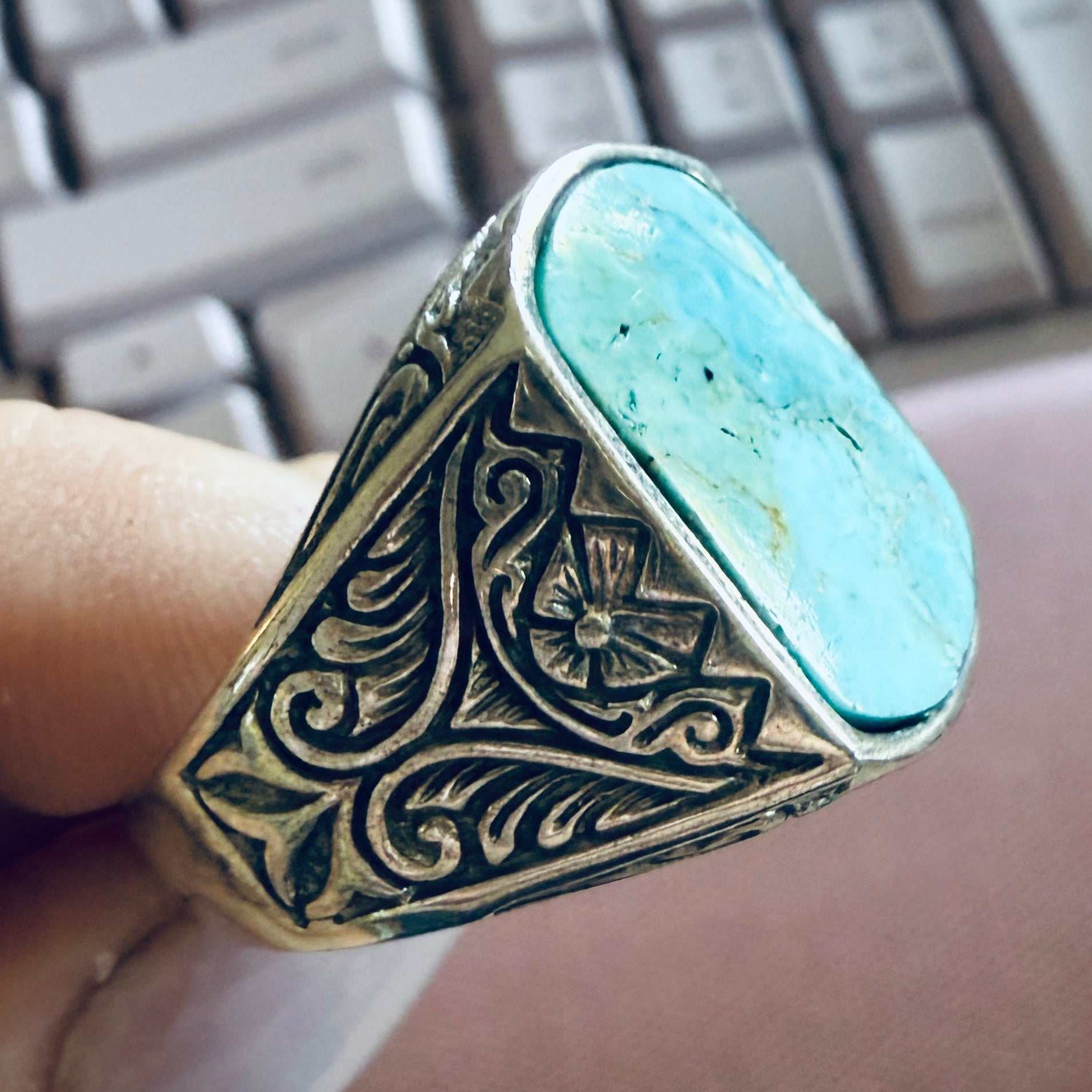 Masculine Turquoise Sterling Silver Ring — Size 14