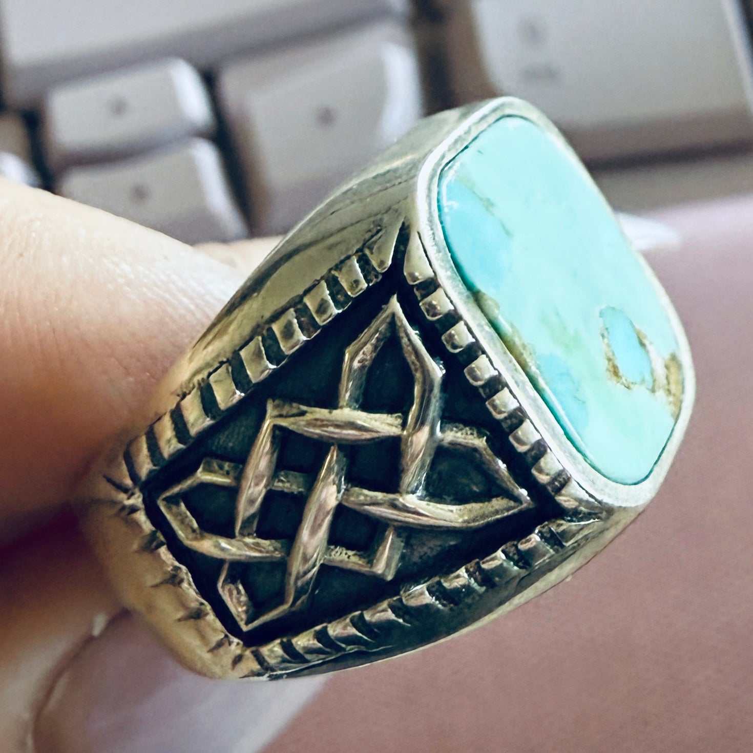 Masculine Turquoise Sterling Silver Ring — Sizes 10 &amp; 11
