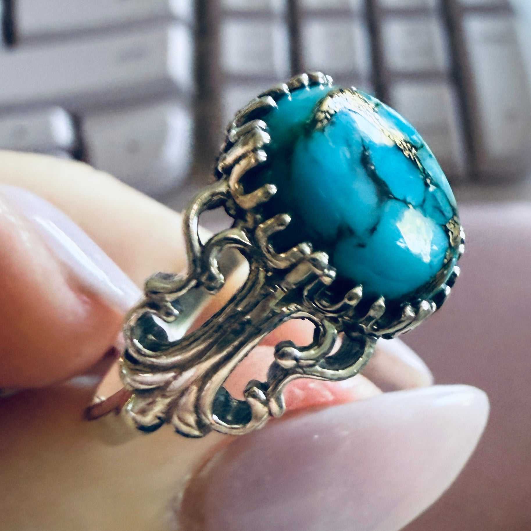 Ornate Turquoise Filigree Ring — Size 8