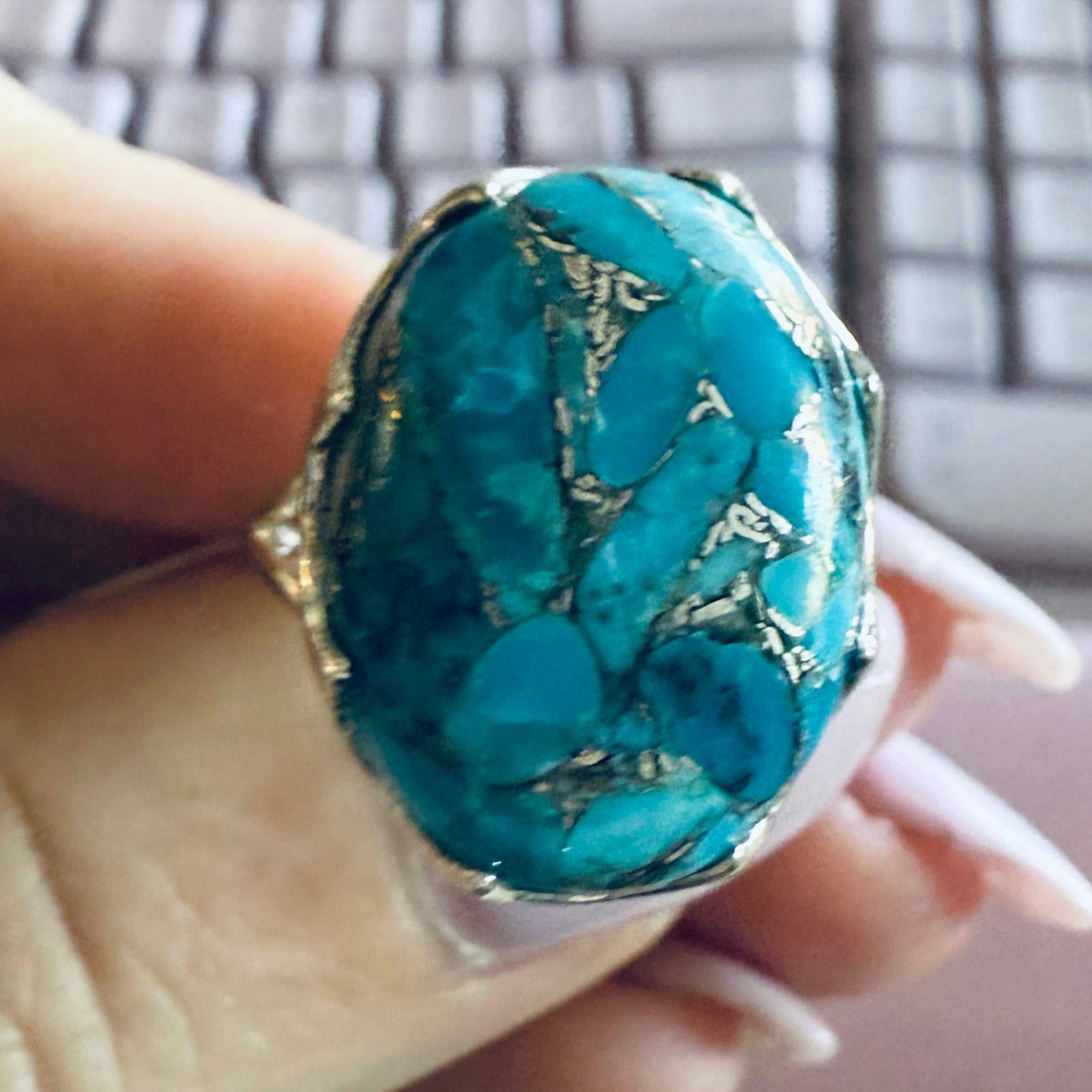 Oval Turquoise Mosaic Ring — Size 7