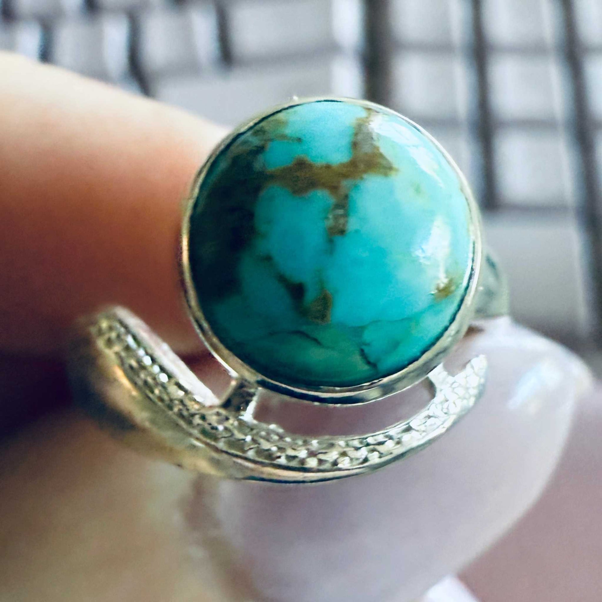 Turquoise Crescent-Embrace Ring — Size 7