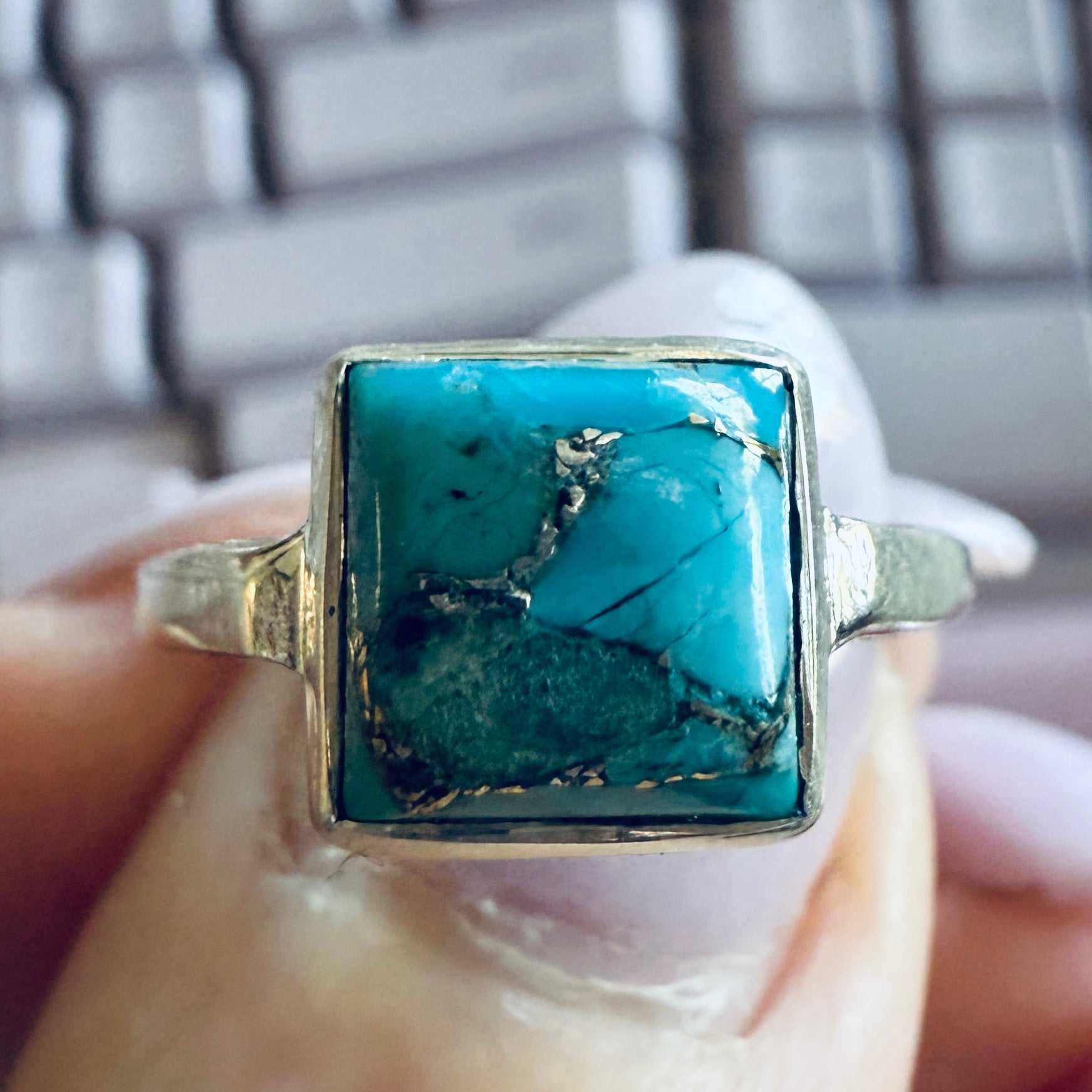 Square Turquoise Ring — Size 8 (Dual-Connection Band)