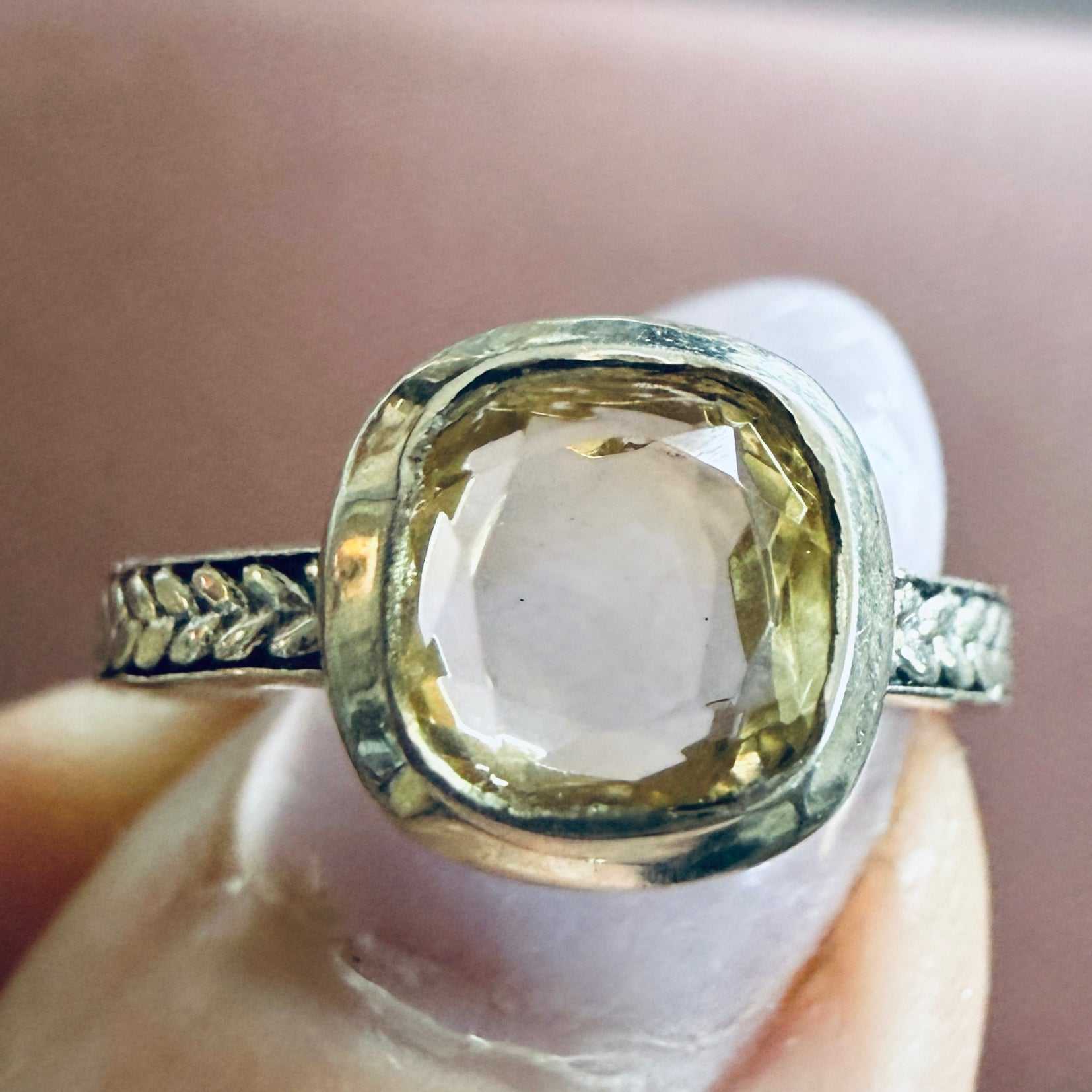 Citrine Cushion-Cut Leaf Band Ring – Sterling Silver – Size 6