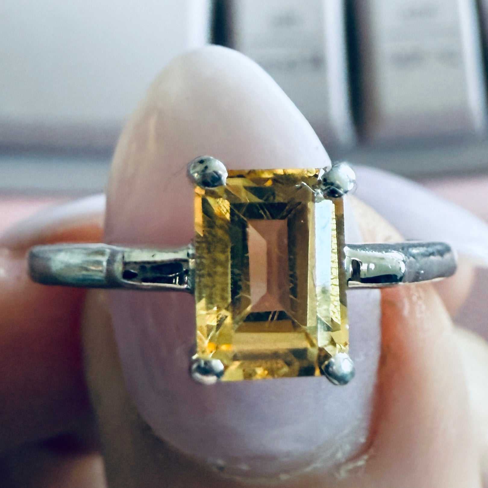 Citrine Emerald-Cut Solitaire Ring – Sterling Silver – Size 7