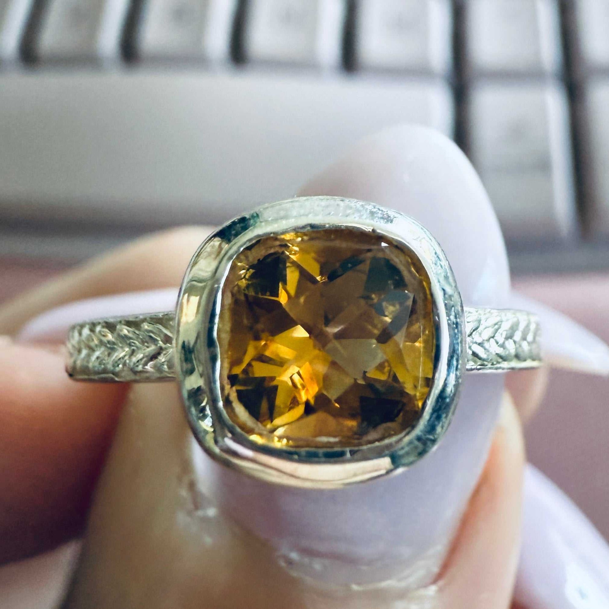 Citrine Cushion-Cut Braided Band Ring – Sterling Silver – Size 8