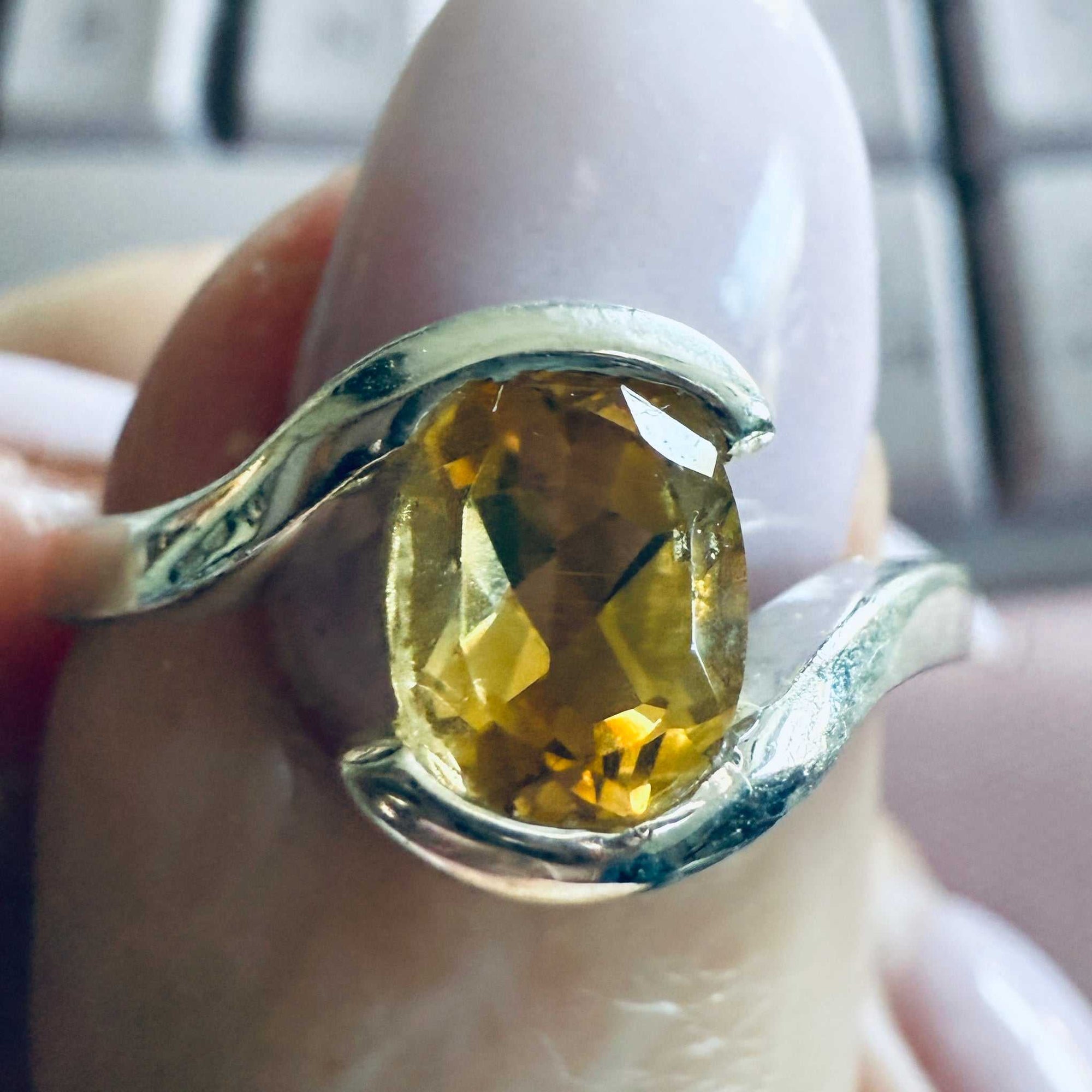 Citrine Wave-Bypass Oval Ring – Sterling Silver – Size 9