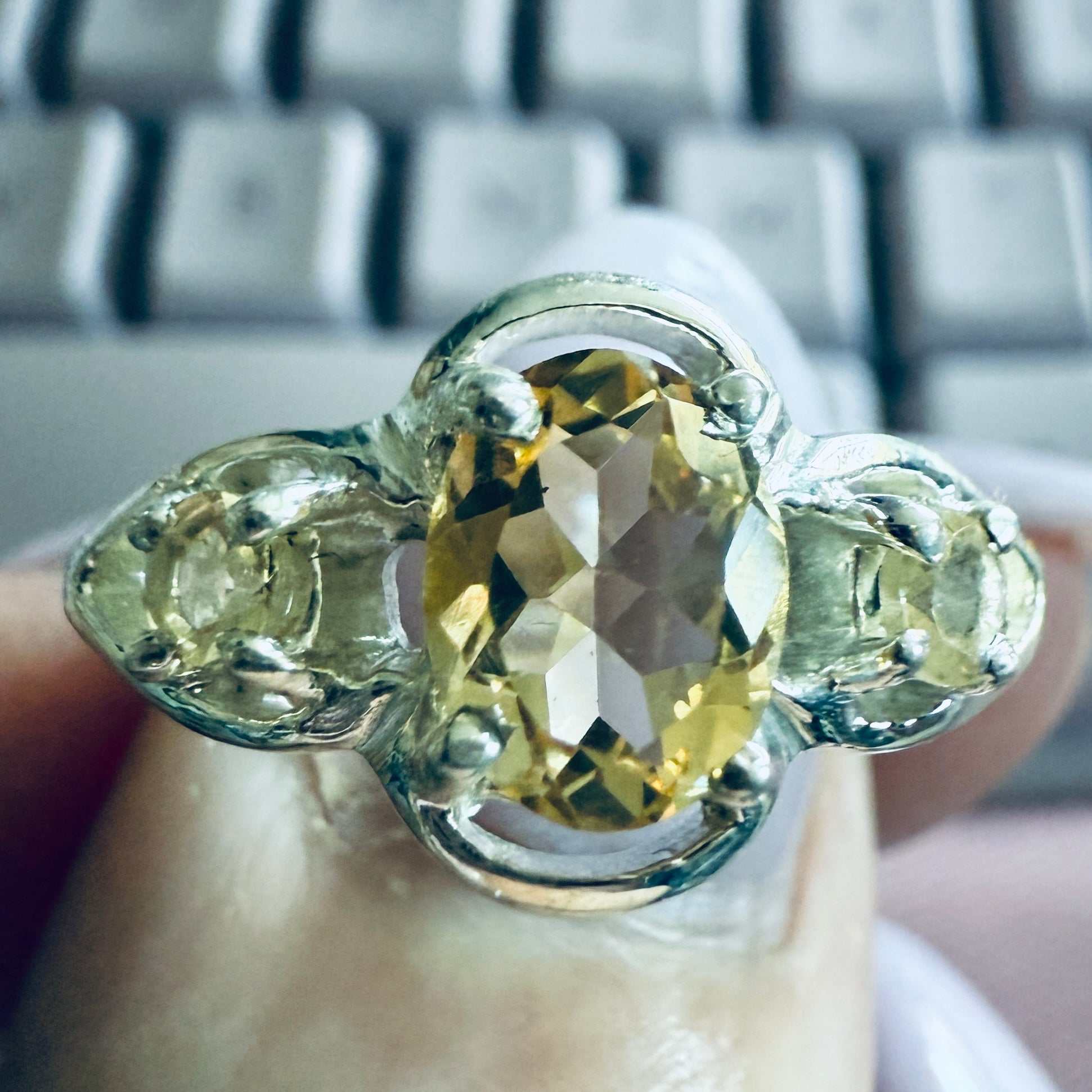 Citrine Triple-Stone Ornate Ring – Sterling Silver – Size 9