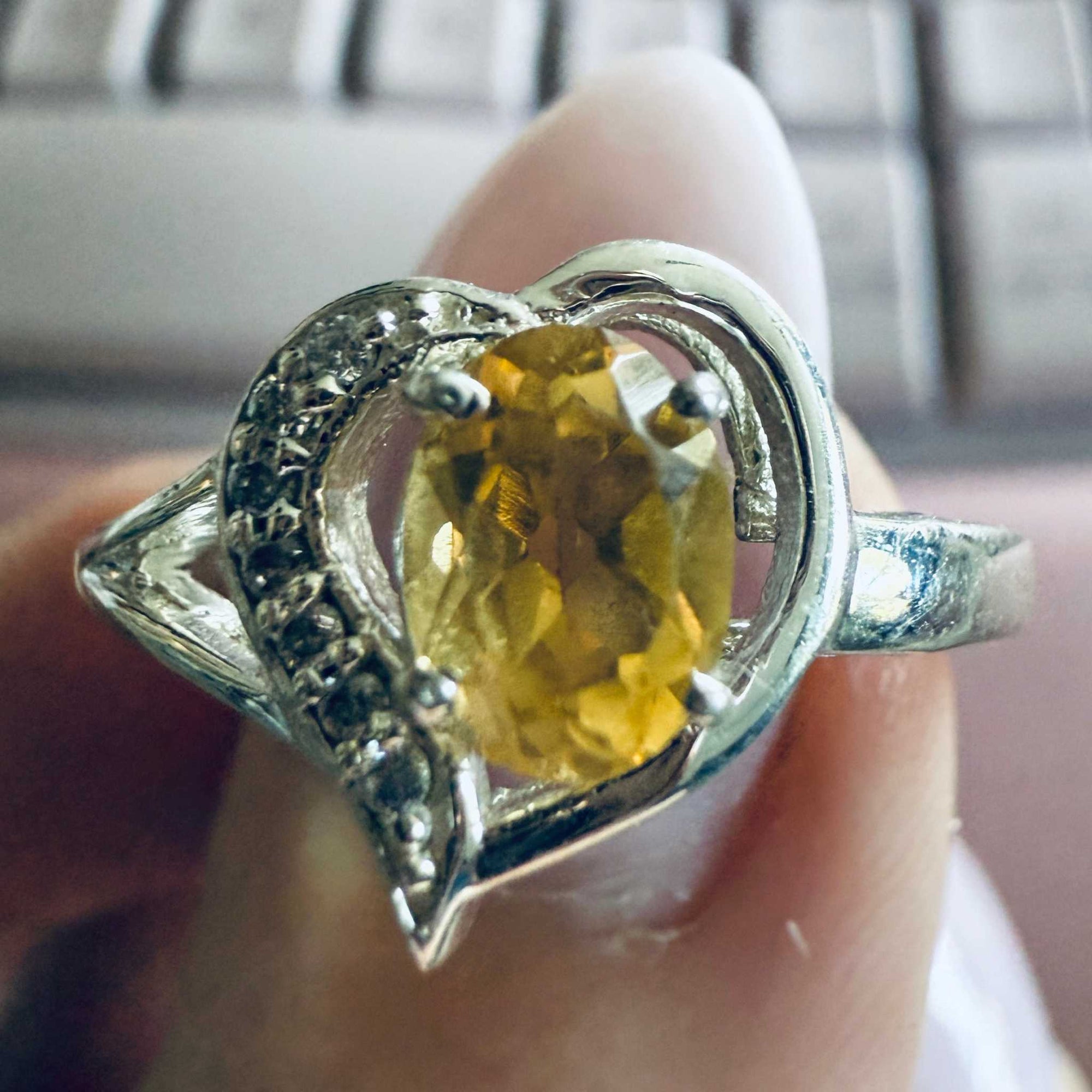 Citrine Heart-Frame Ring – Sterling Silver – Size 9
