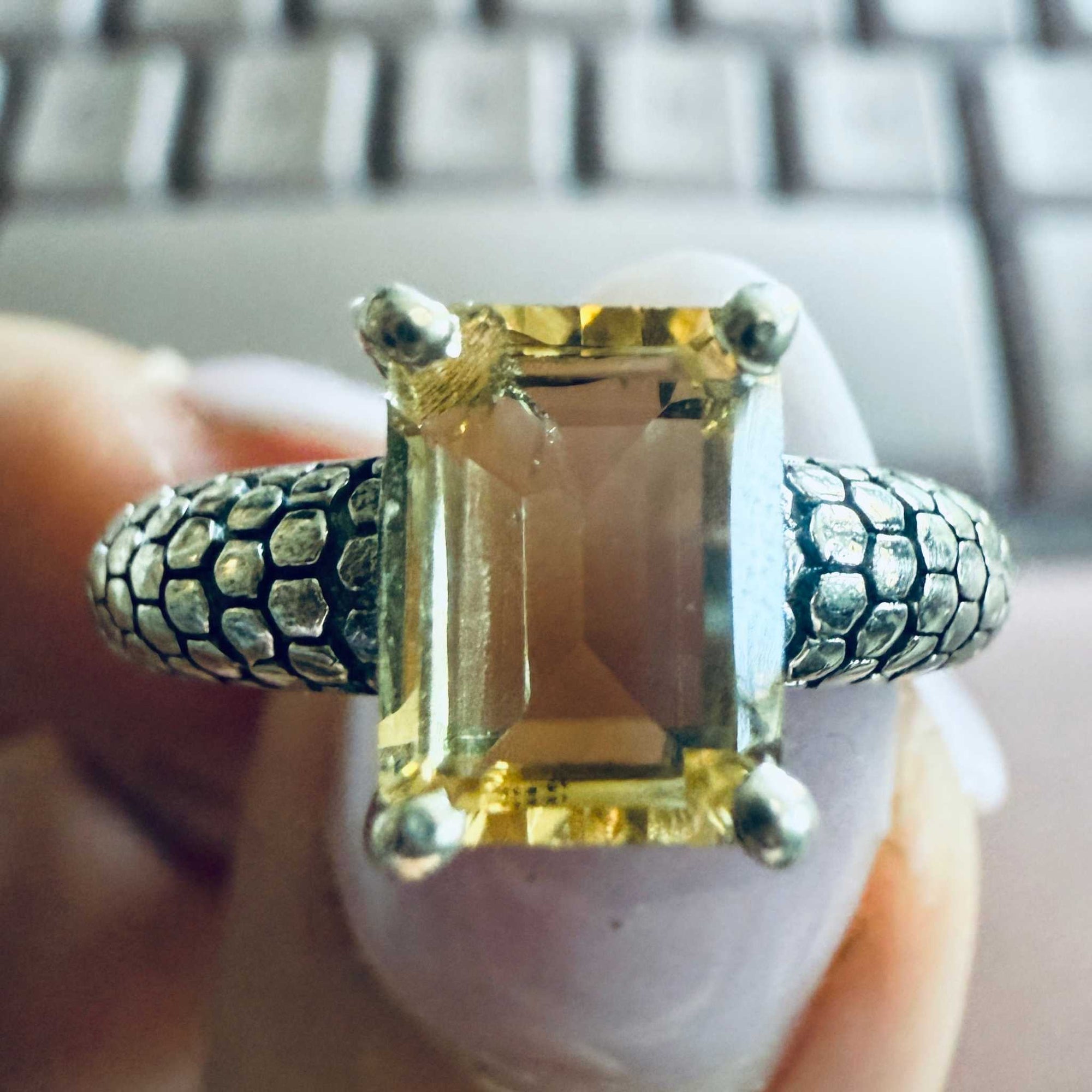 Citrine Rectangle Snake-Band Ring – Sterling Silver – Sizes 6 and 7