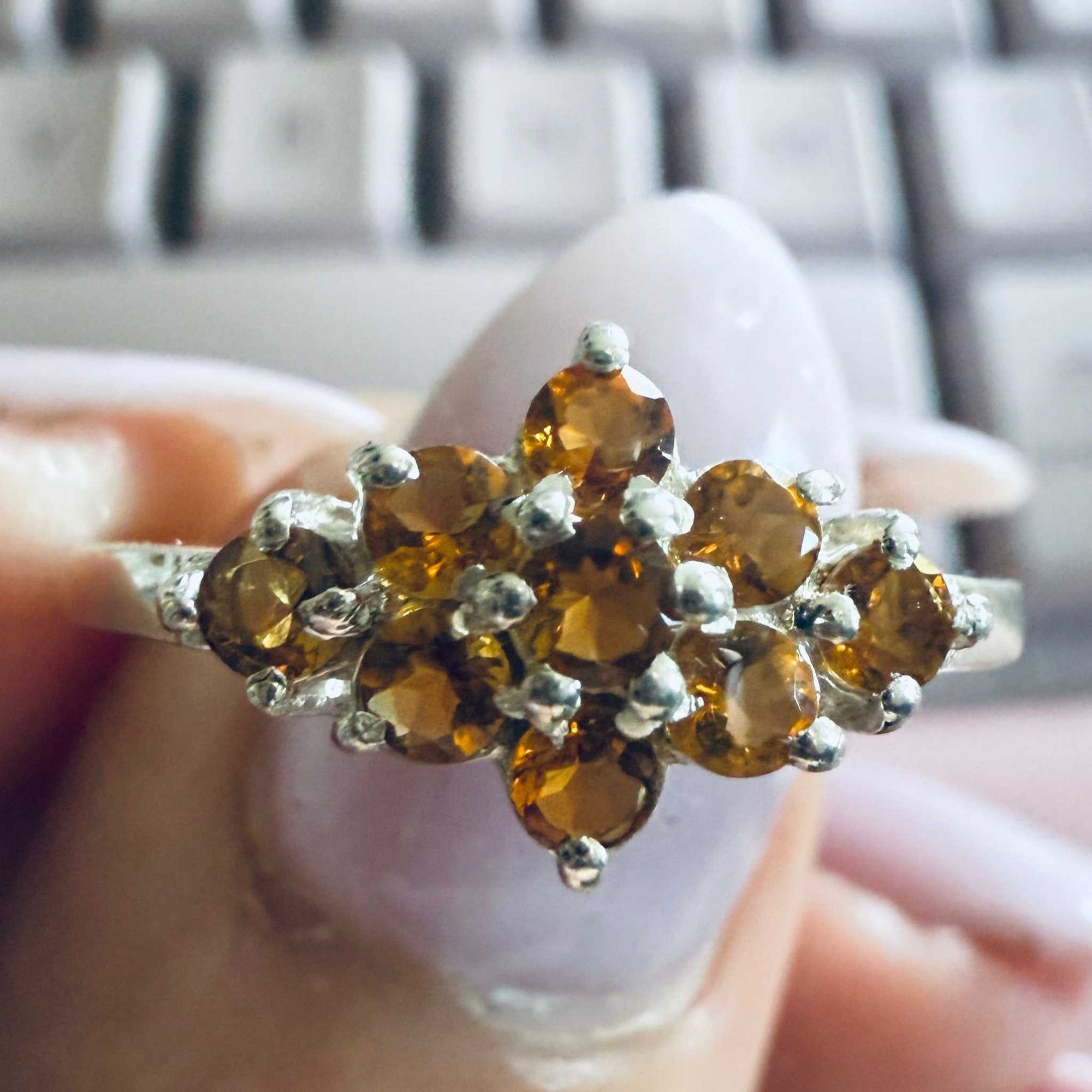 Citrine Cluster Flower Ring – Sterling Silver – Size 7