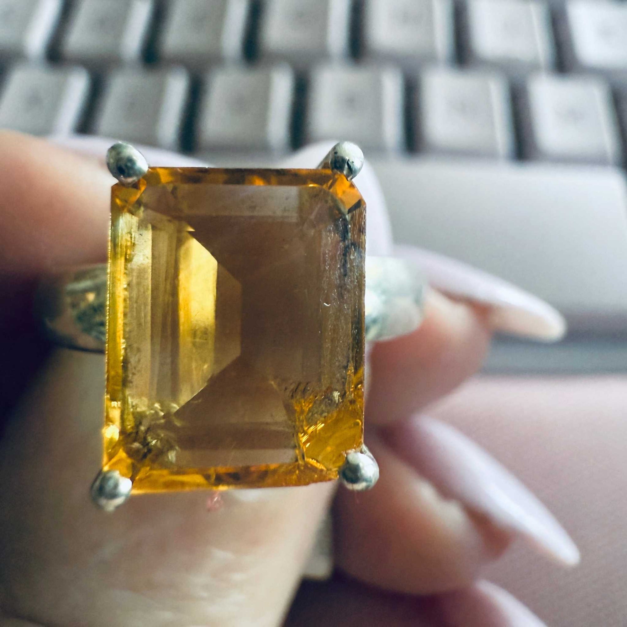 Citrine Emerald-Cut Statement Ring – Sterling Silver – Size 9