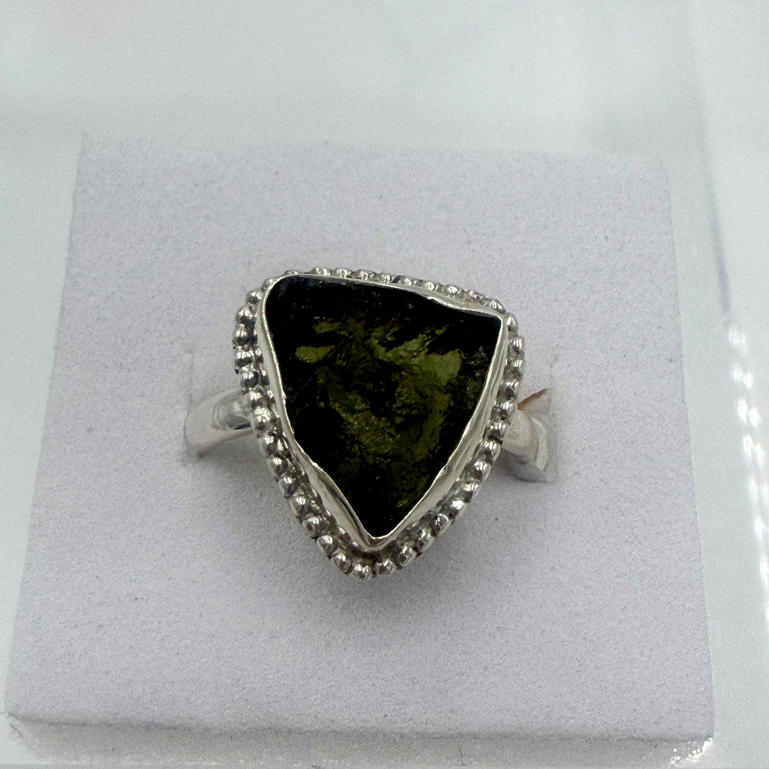 Sterling Silver Bezeled Moldavite Ring - Size 7 - Transformation, Growth & Awakening