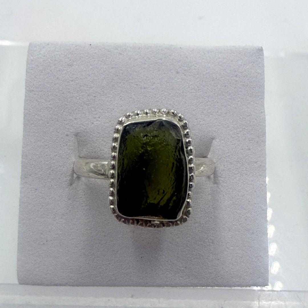Sterling Silver Bezeled Moldavite Ring - Size 7 - Transformation, Growth &amp; Awakening
