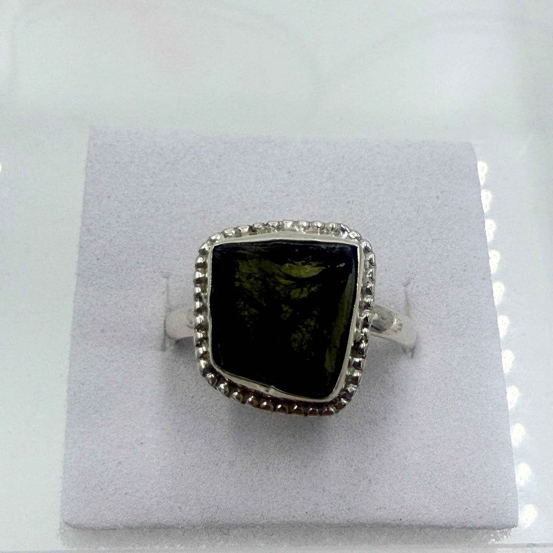 Sterling Silver Bezeled Moldavite Ring - Size 9 - Transformation, Growth &amp; Awakening