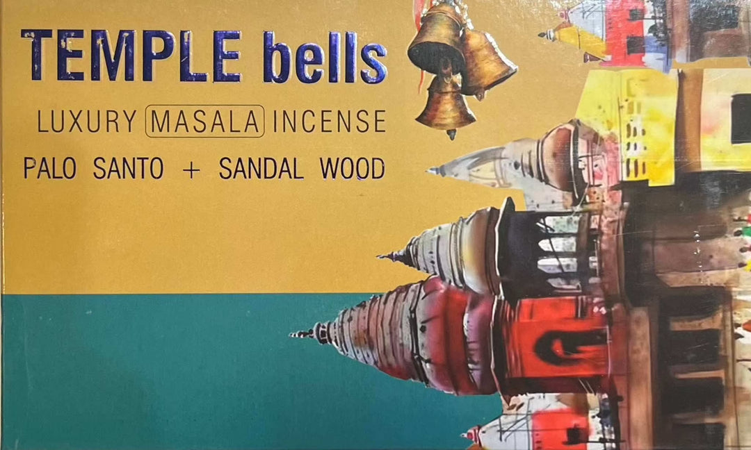 Incense Stick packaging featuring Temple Bells design with Palo Santo and Sandalwood text.