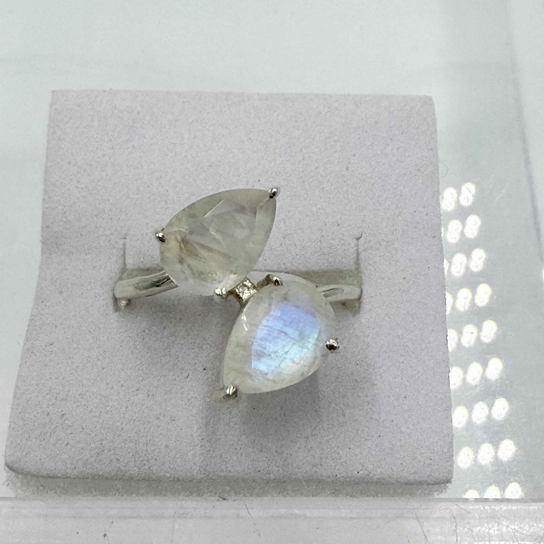 Sterling Silver Rainbow Moonstone Double Pear Ring – Size 8 – Intuition, Balance & New Beginnings