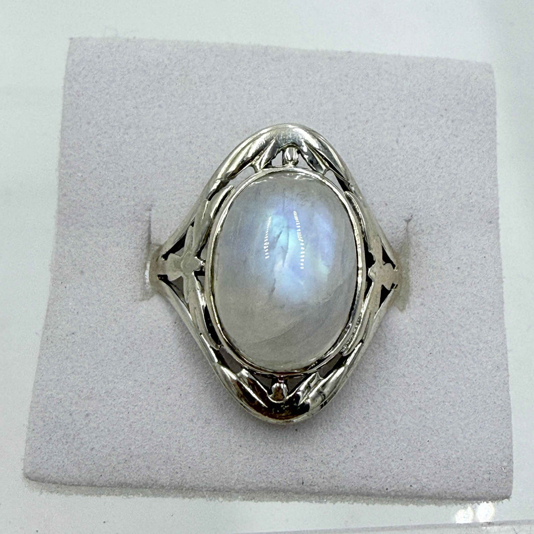 Sterling Silver Rainbow Moonstone Angel Ring – Size 9 – Intuition, Protection & New Beginnings