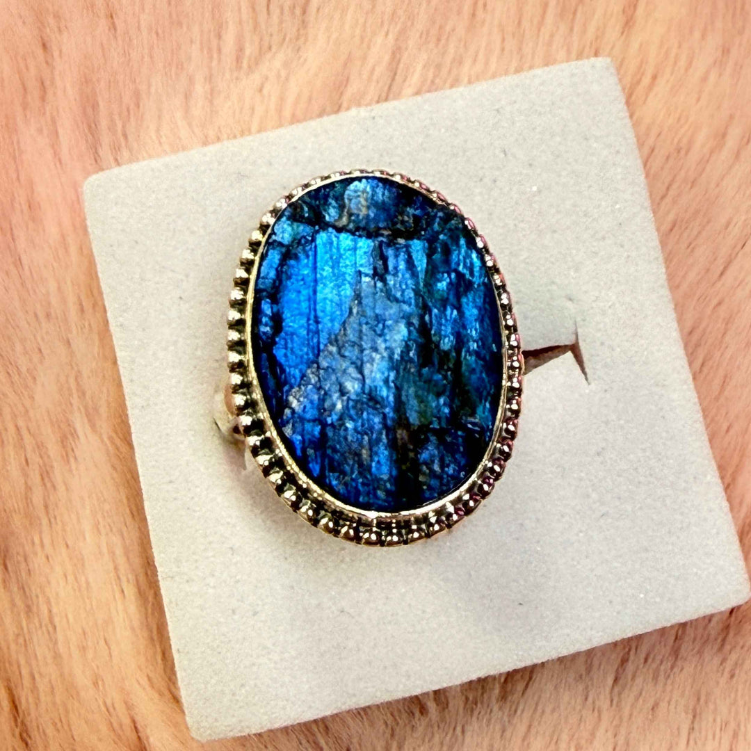 Rough Labradorite Ring - Sterling Silver with Deep Flash