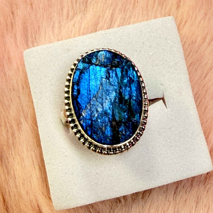 Rough Labradorite Ring - Sterling Silver with Deep Flash