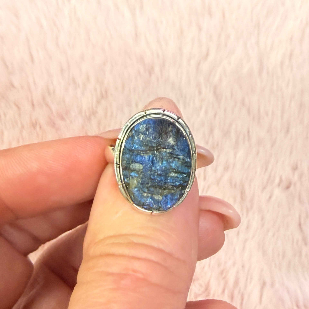 Rough Labradorite Ring - Sterling Silver with Deep Flash