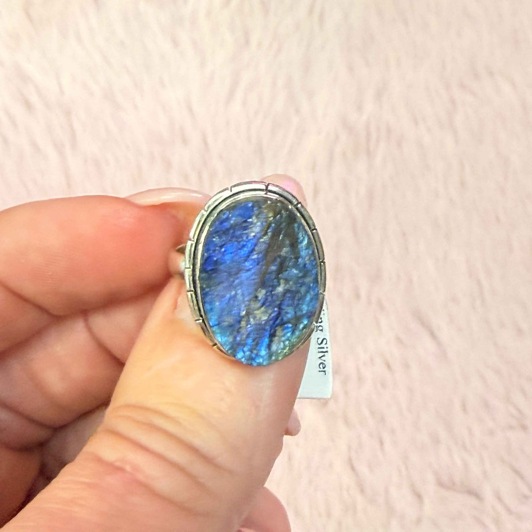 Rough Labradorite Ring - Sterling Silver with Deep Flash