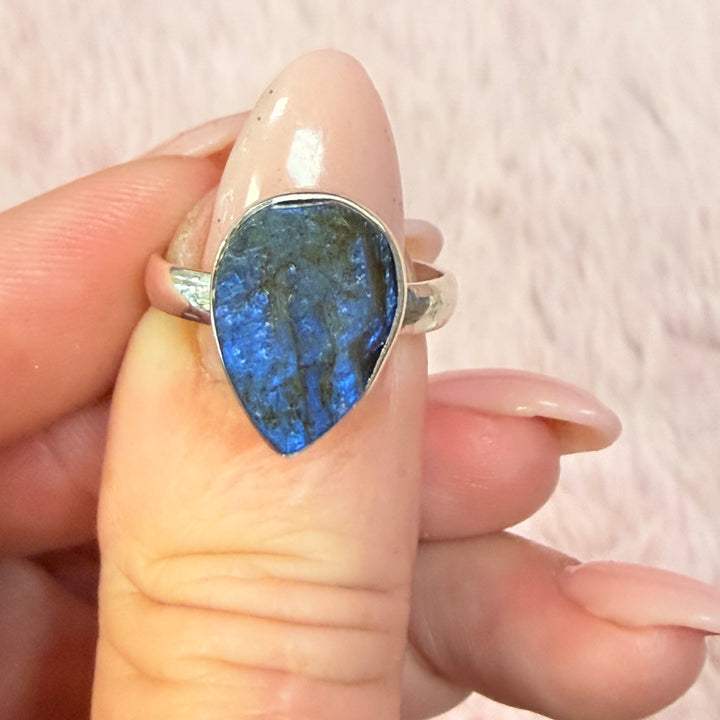 Rough Labradorite Ring - Sterling Silver with Deep Flash
