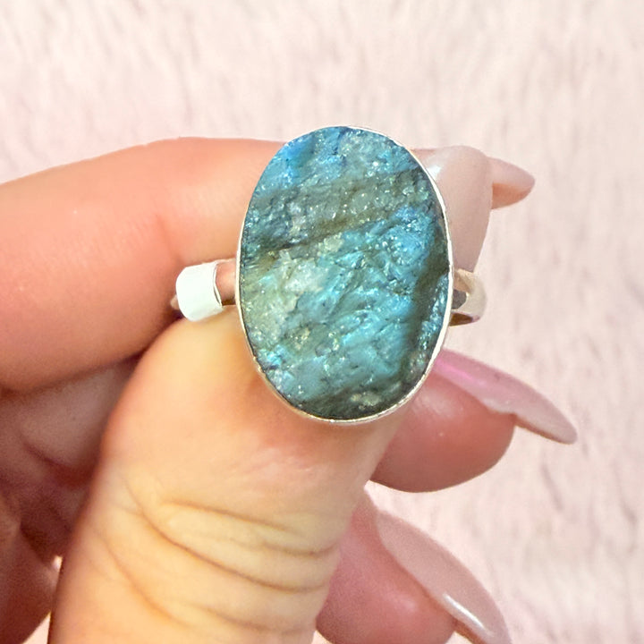 Rough Labradorite Ring - Sterling Silver with Deep Flash