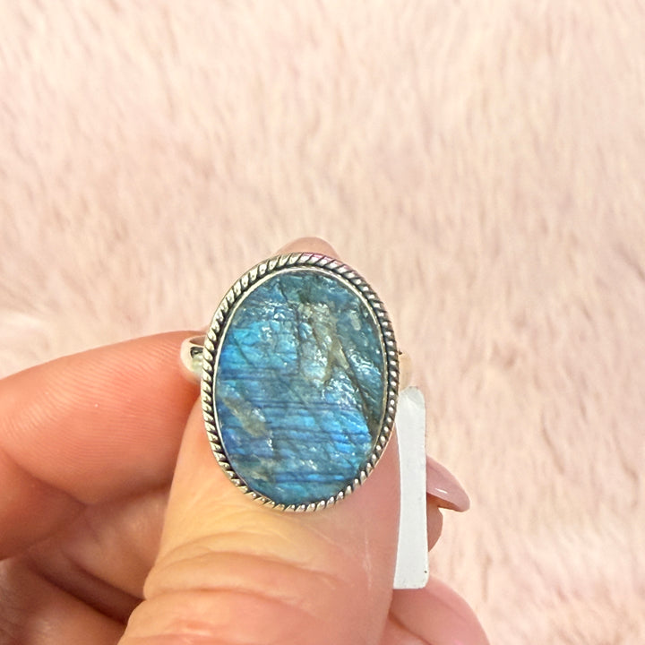 Rough Labradorite Ring - Sterling Silver with Deep Flash
